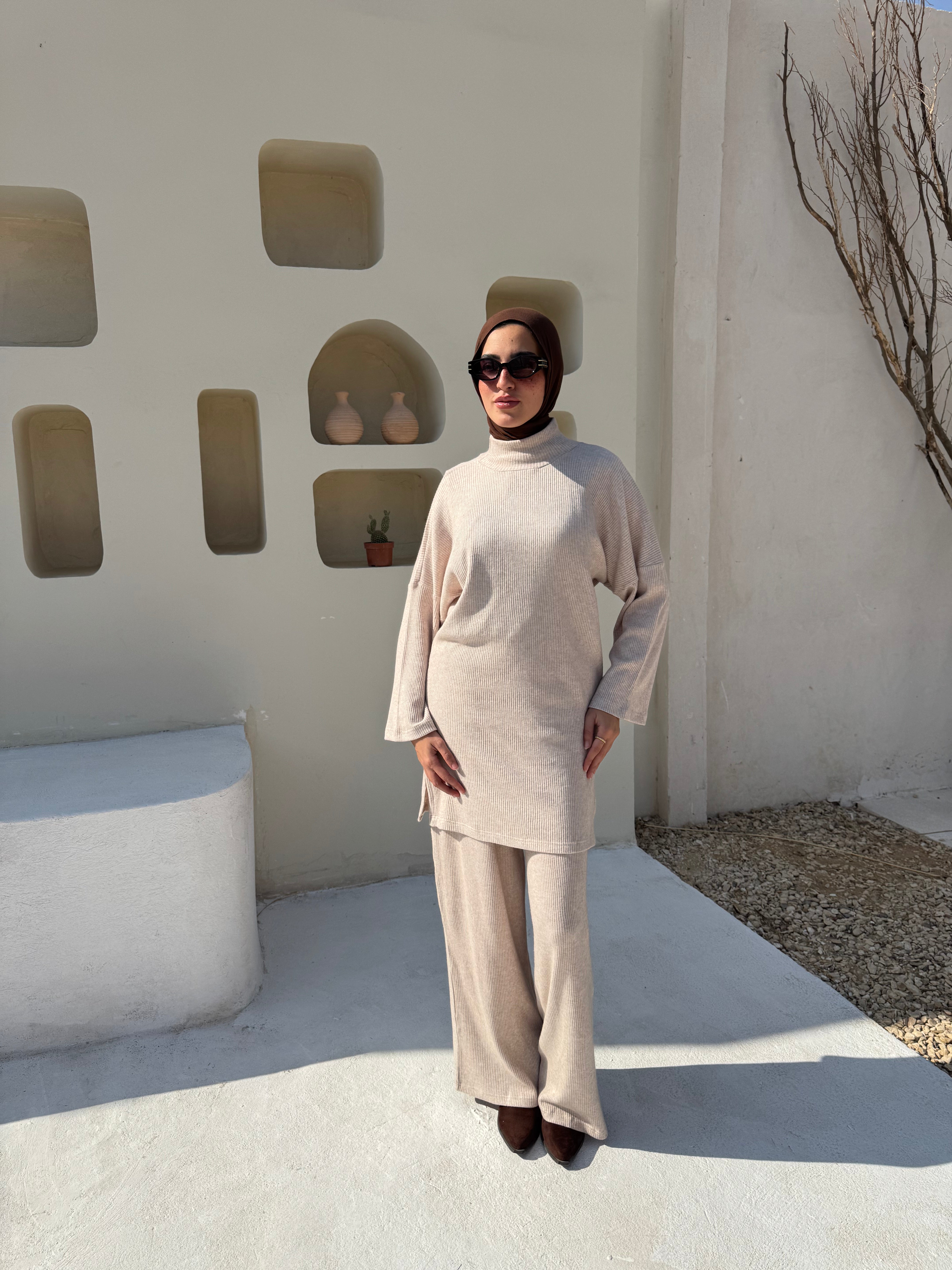 Oversize Ribbed Sweatshirt - Beige