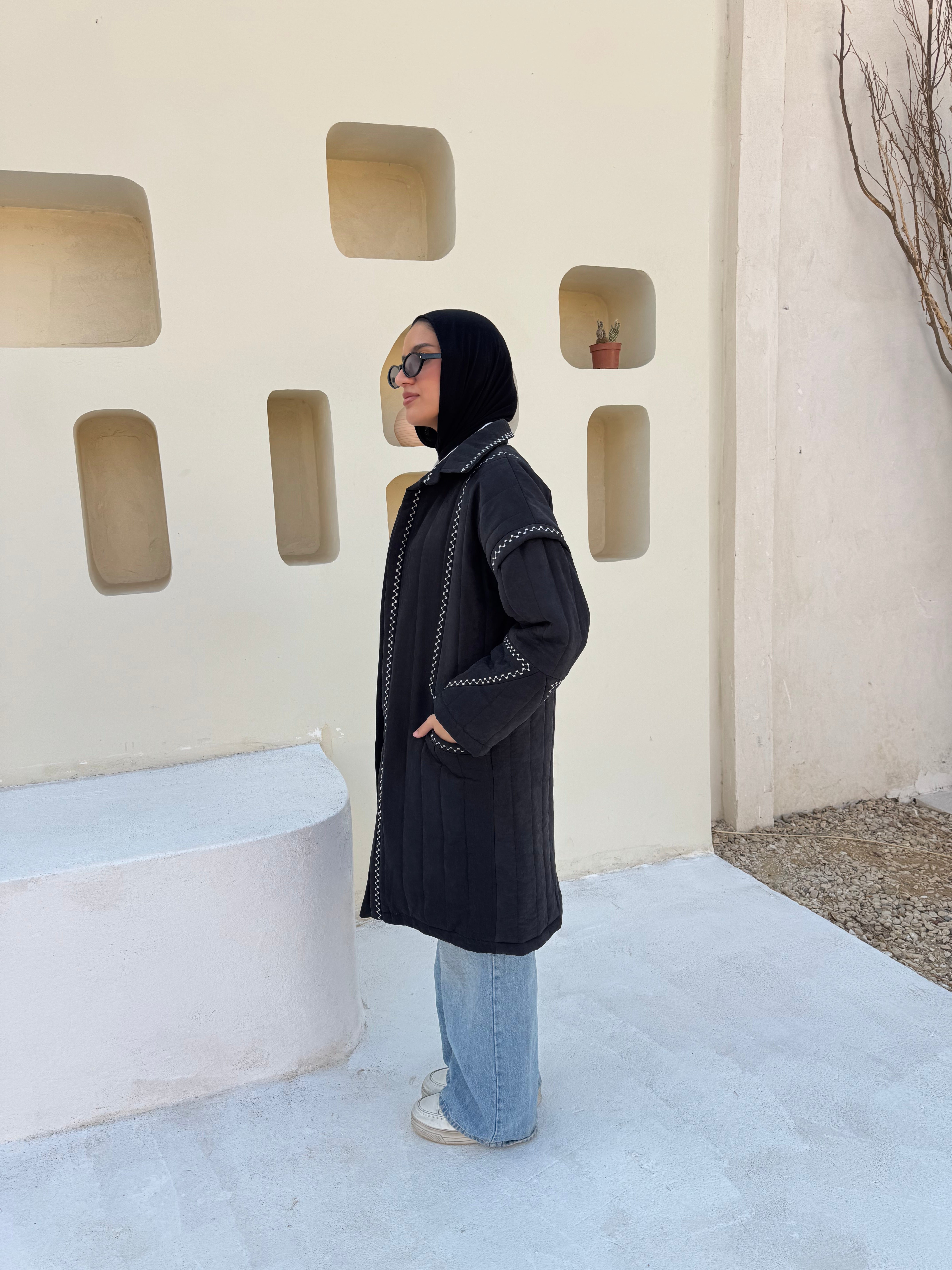 Boho Stitch Puffer Jacket - Black