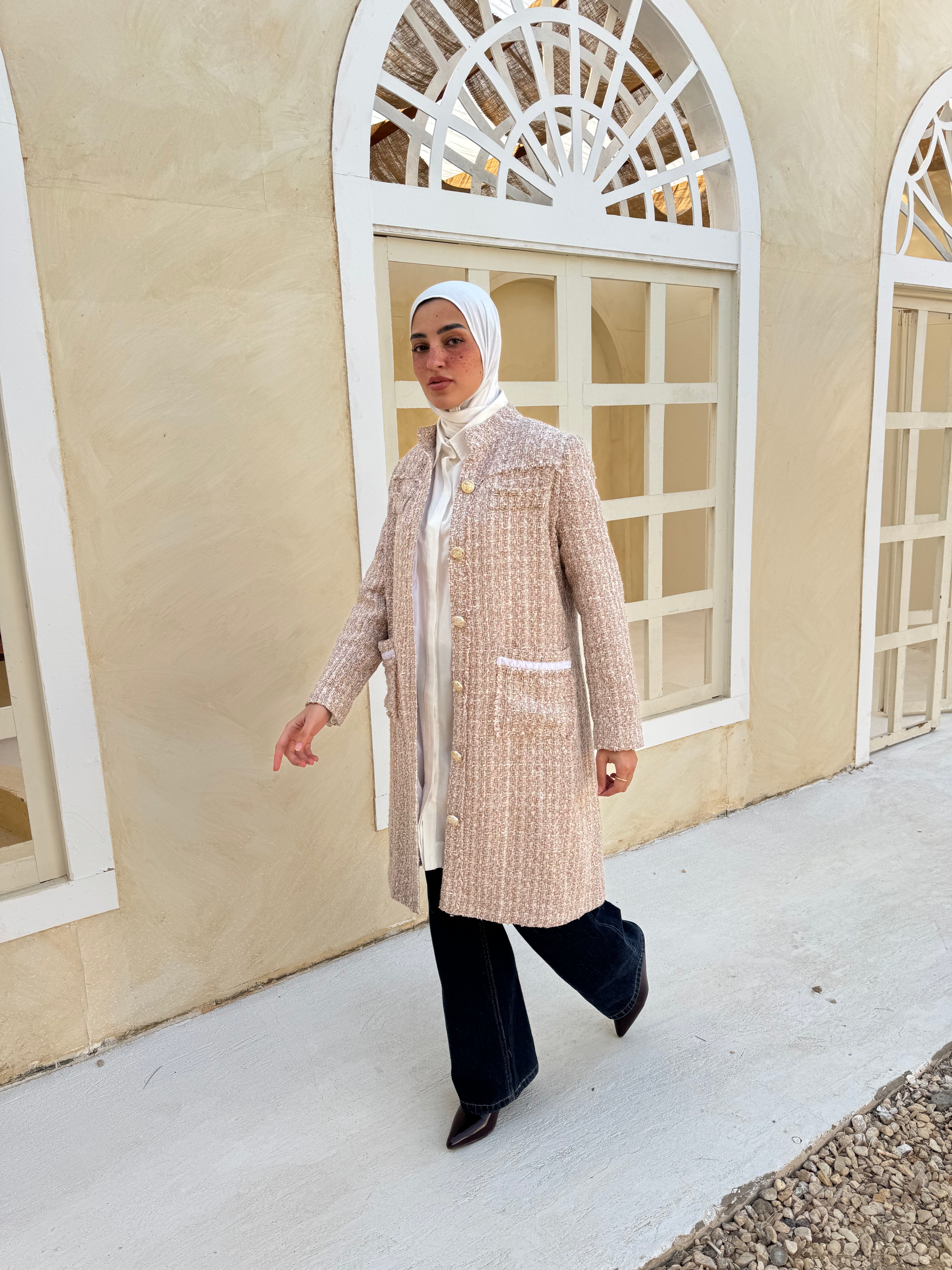 Tweed Metallic Coat - Beige