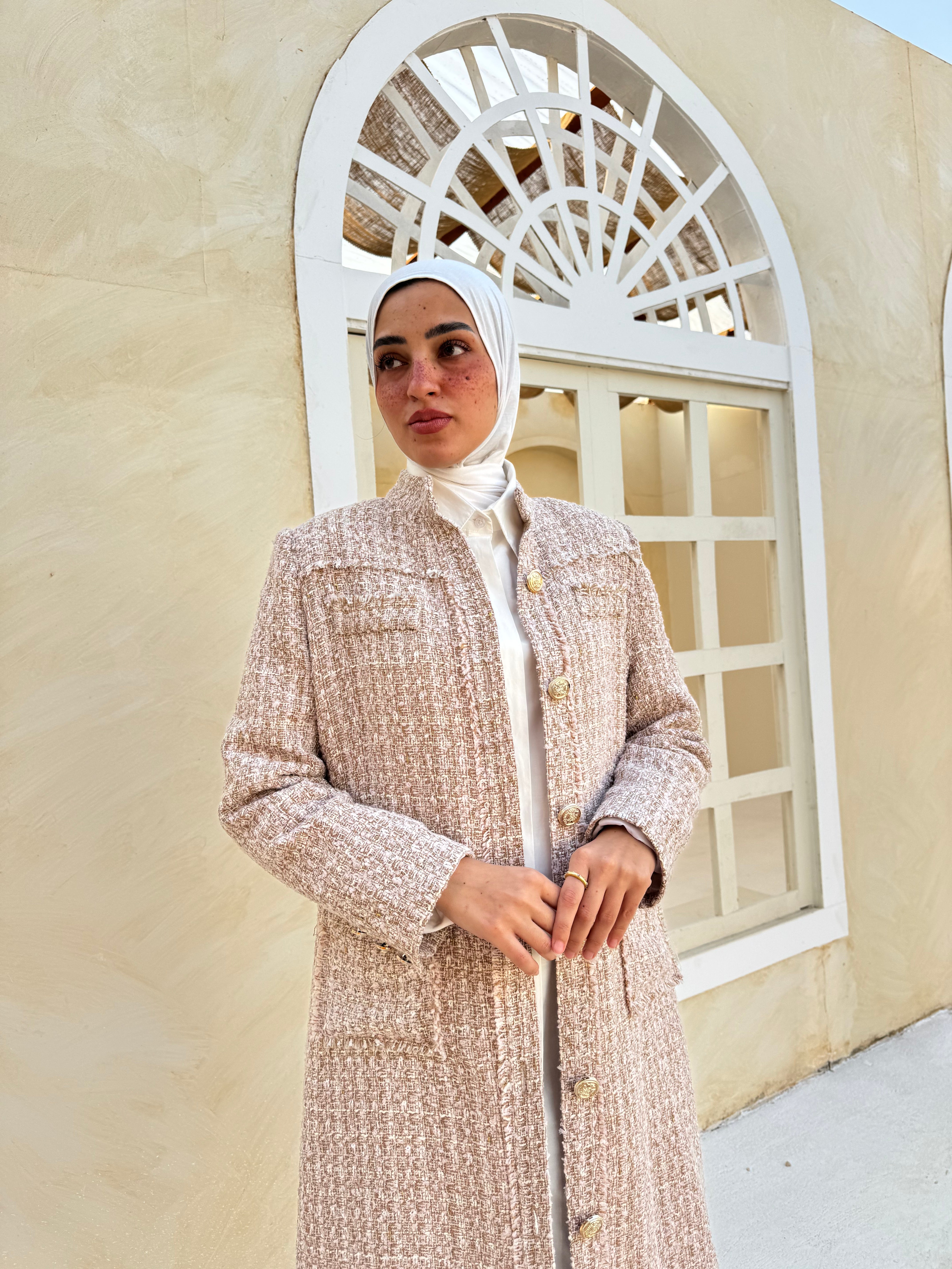 Tweed Metallic Coat - Beige