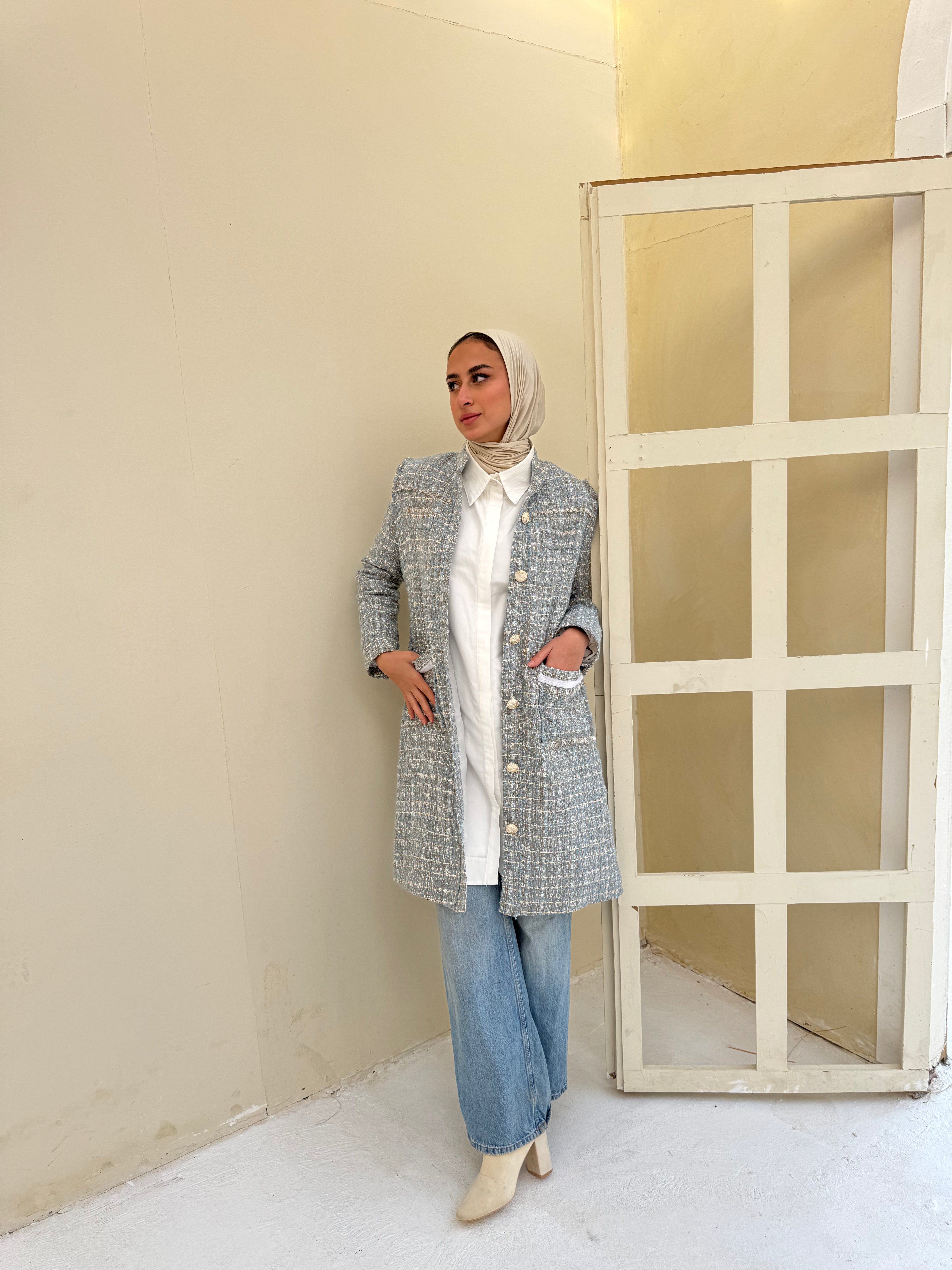 Tweed Metallic Coat - Baby Blue