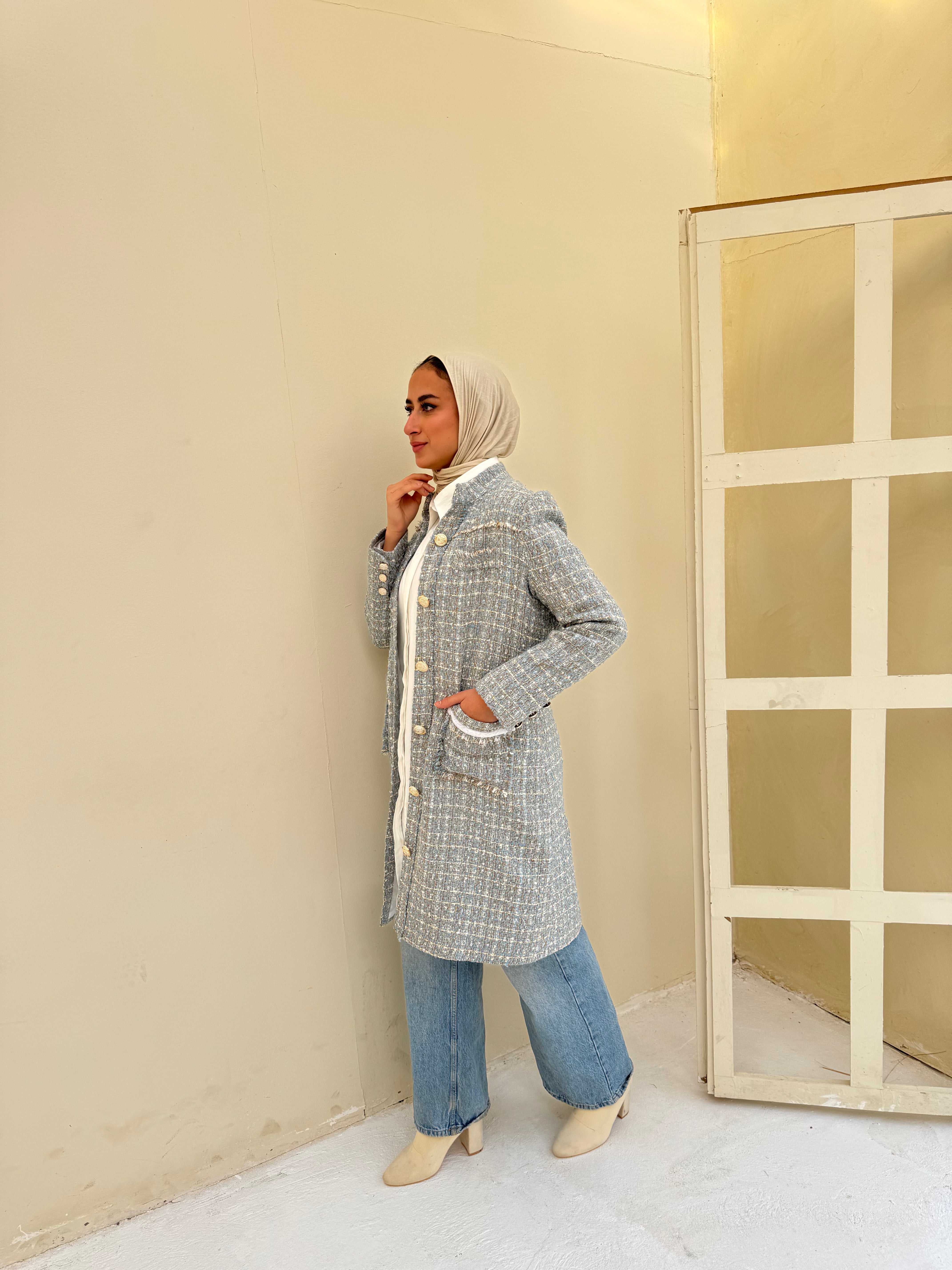 Tweed Metallic Coat - Baby Blue