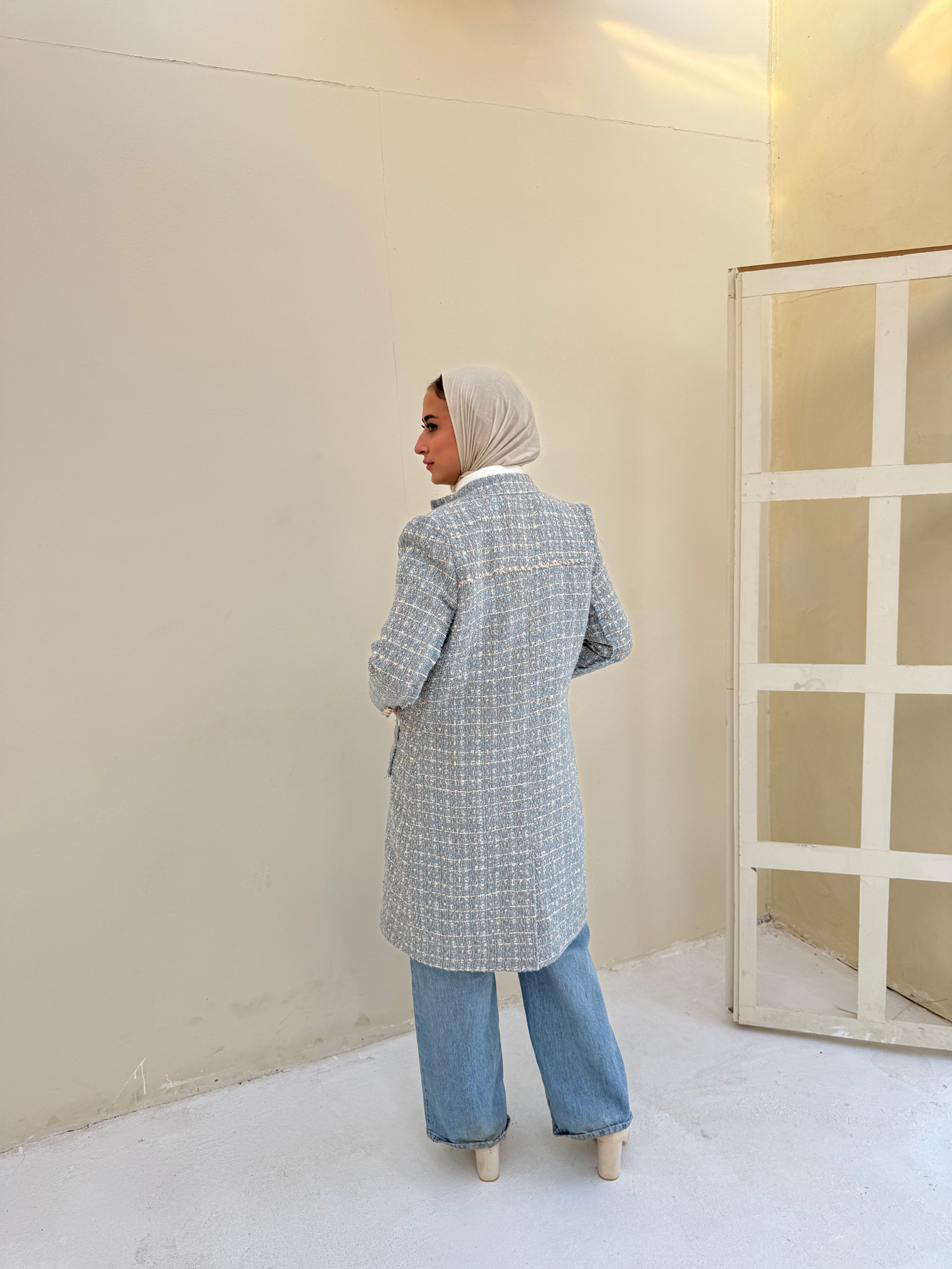 Tweed Metallic Coat - Baby Blue