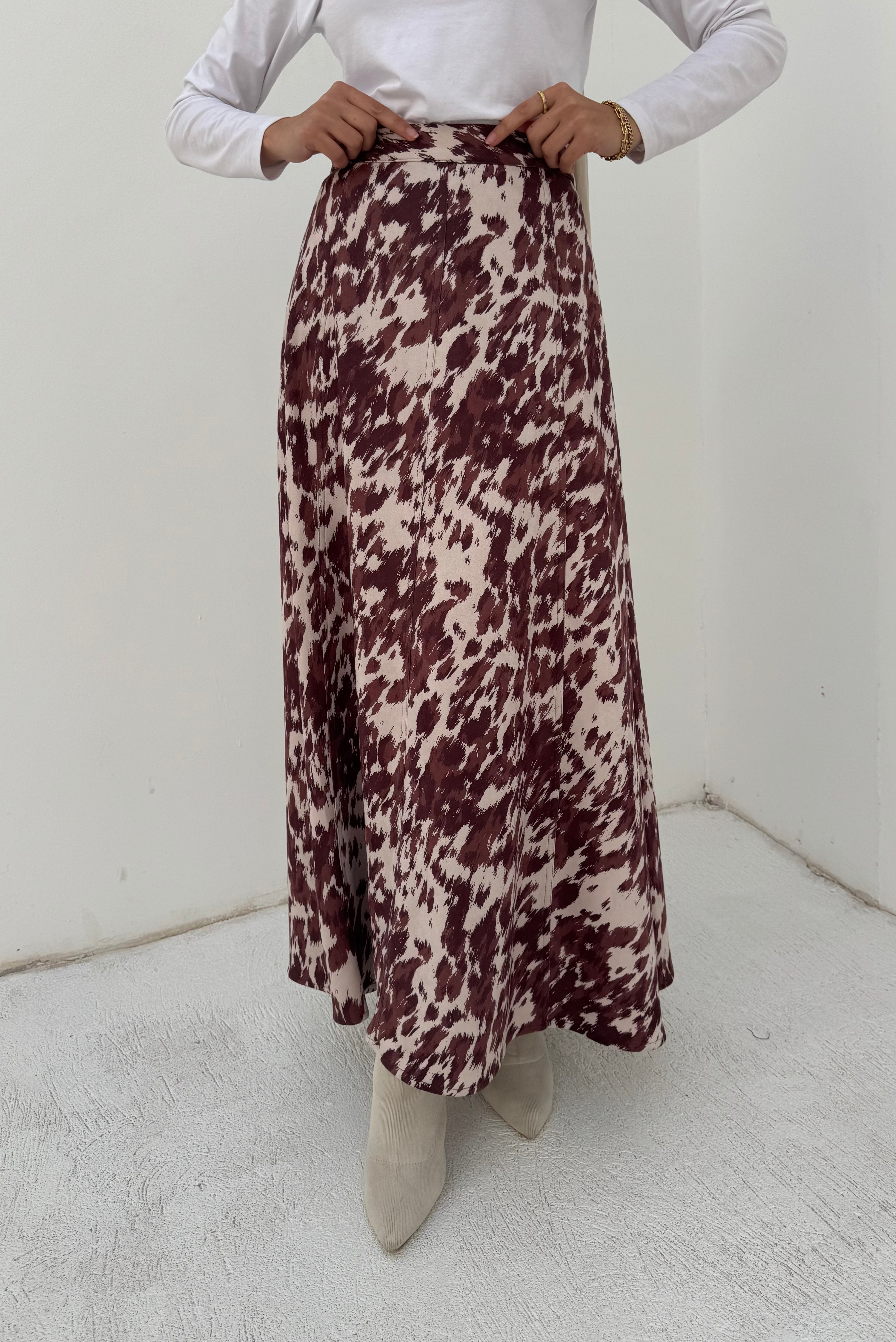 Stitched Printed Suede Skirt - Burgundy
