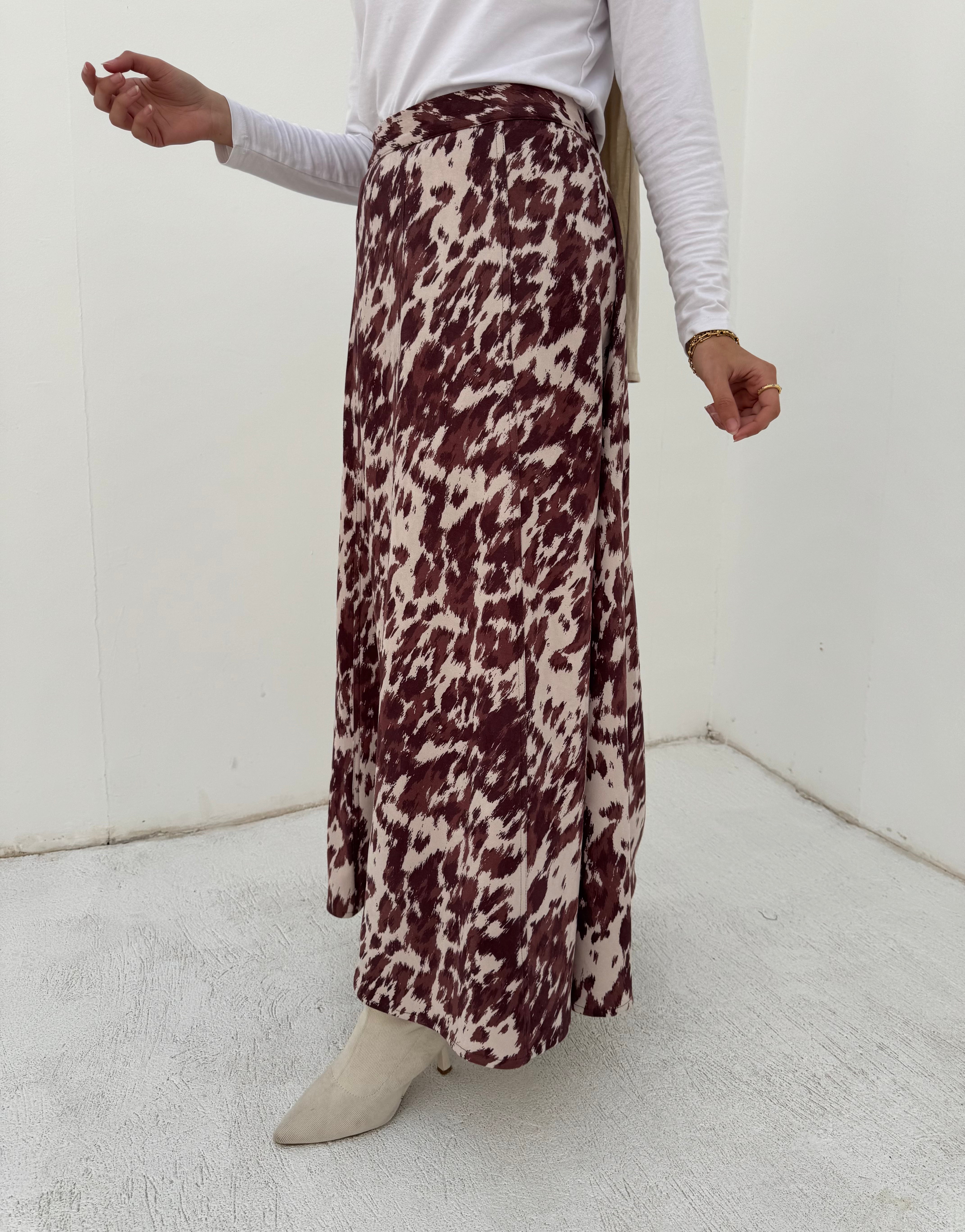 Stitched Printed Suede Skirt - Burgundy