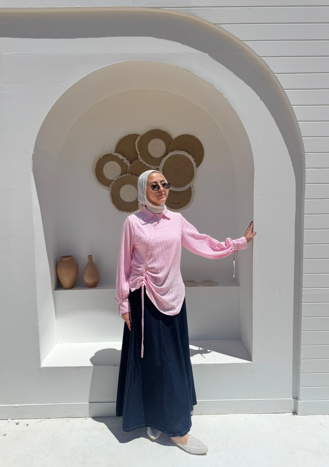 Asymmetric Striped Blouse-Pink