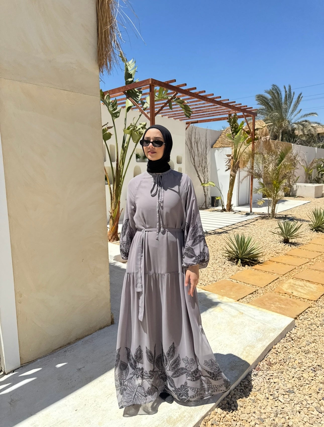 Printed Borders Chiffon Dress-Grey
