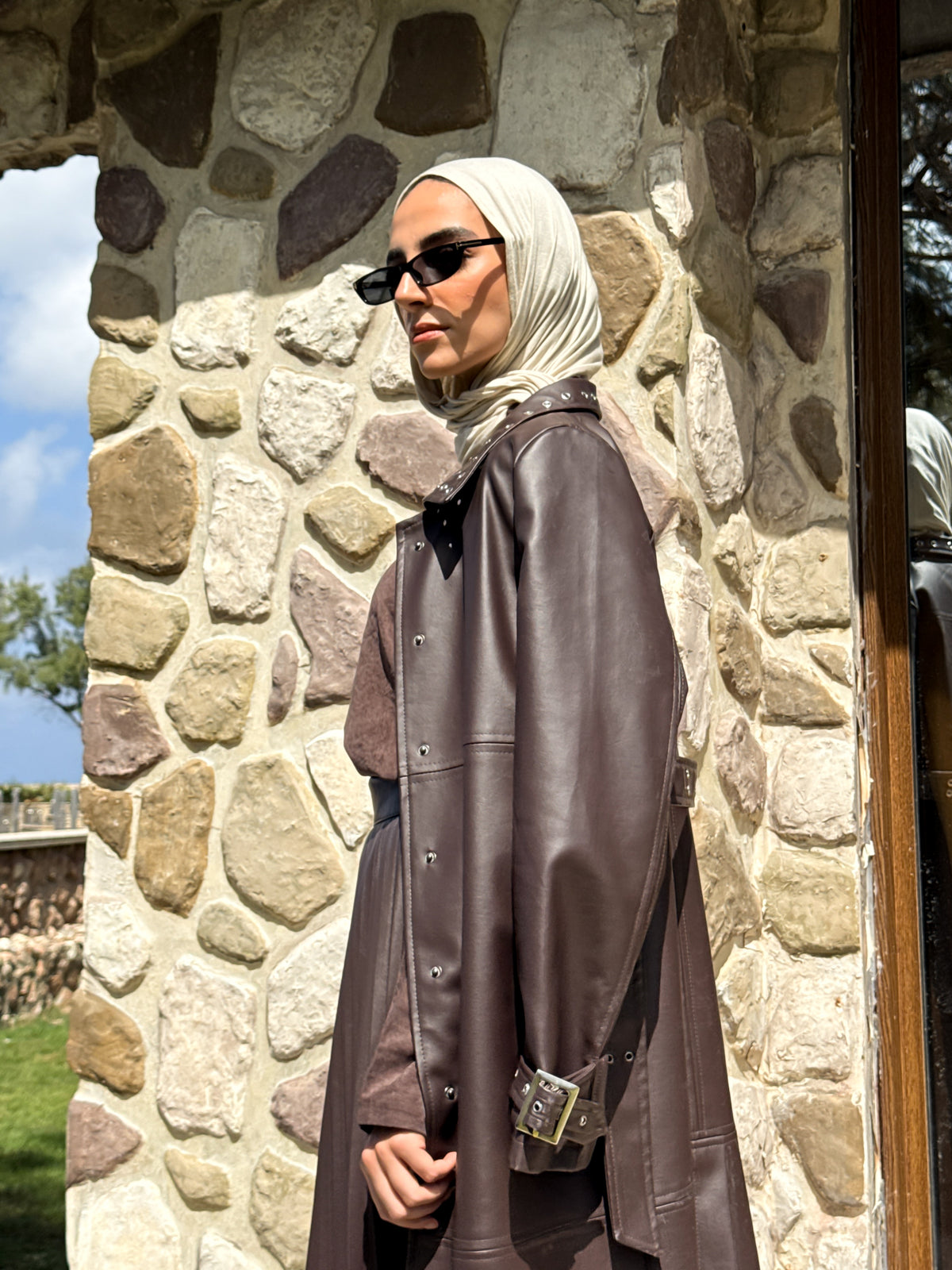 Eyelets Leather Coat - Brown