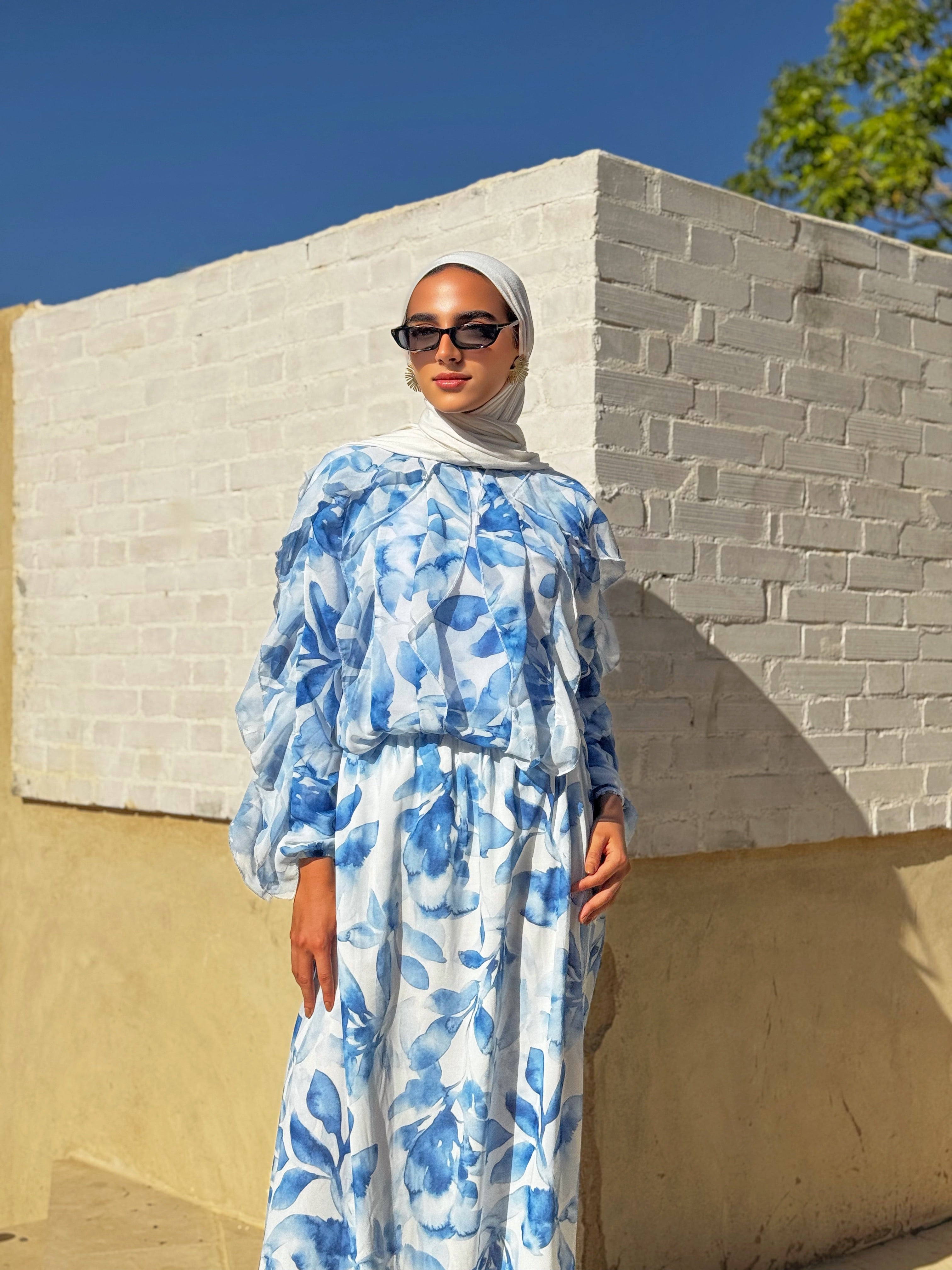 Printed Chiffon Ruffles Blouse - Blue