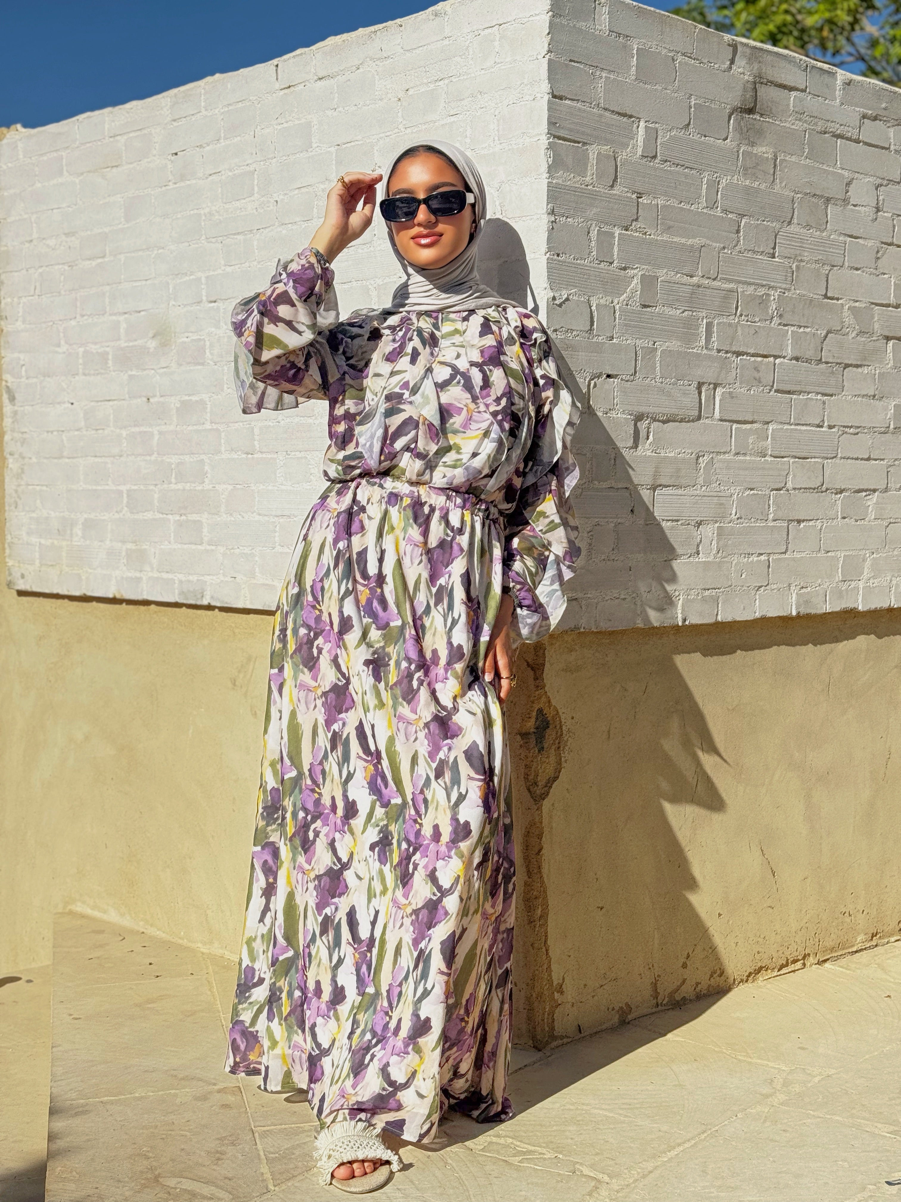 Printed Chiffon Ruffles Blouse - Purple