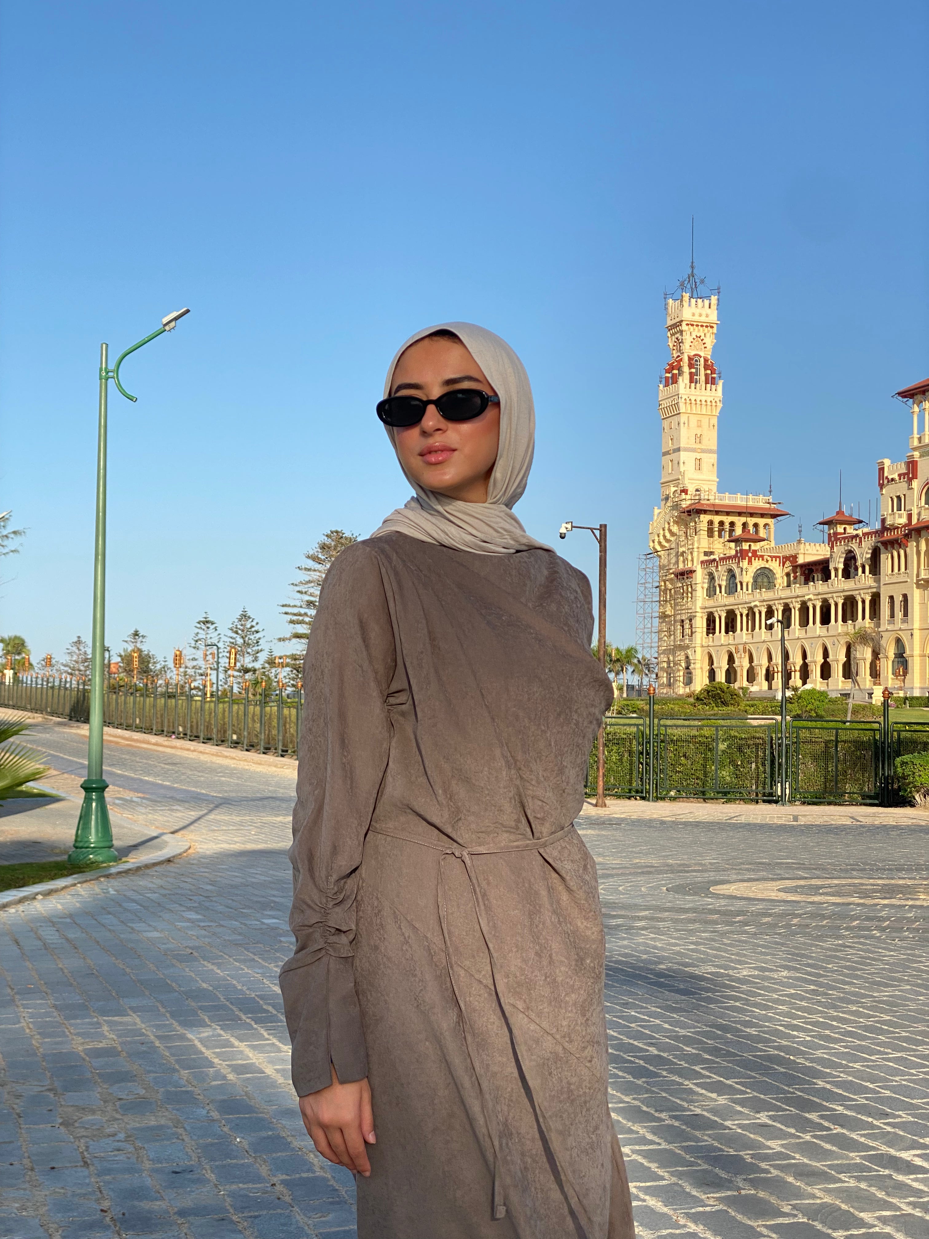 Draped Dress With Scarf - Cafe