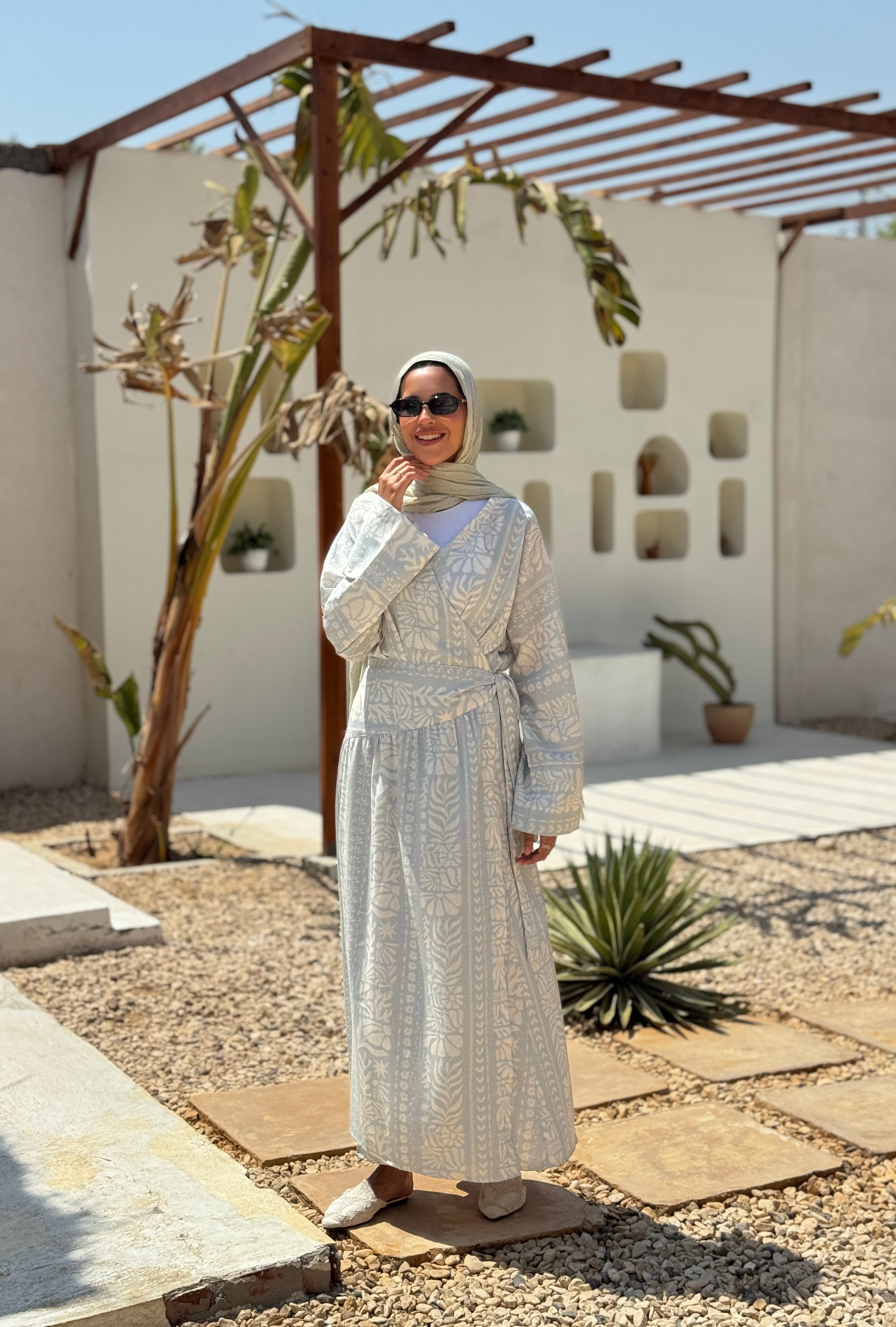 Overlap Printed Linen Dress - light blue