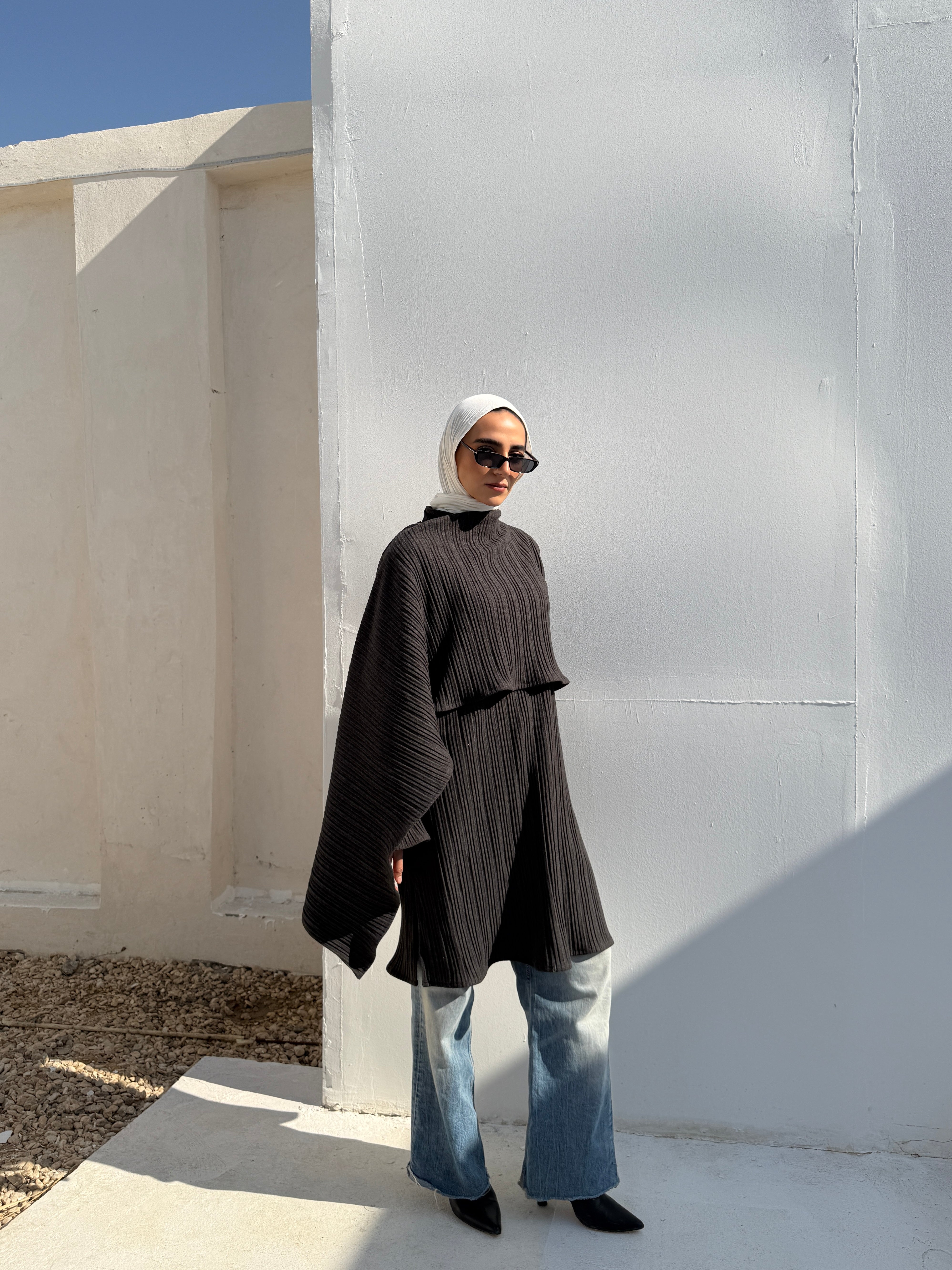 Pleated Blouse With Scarf - Grey