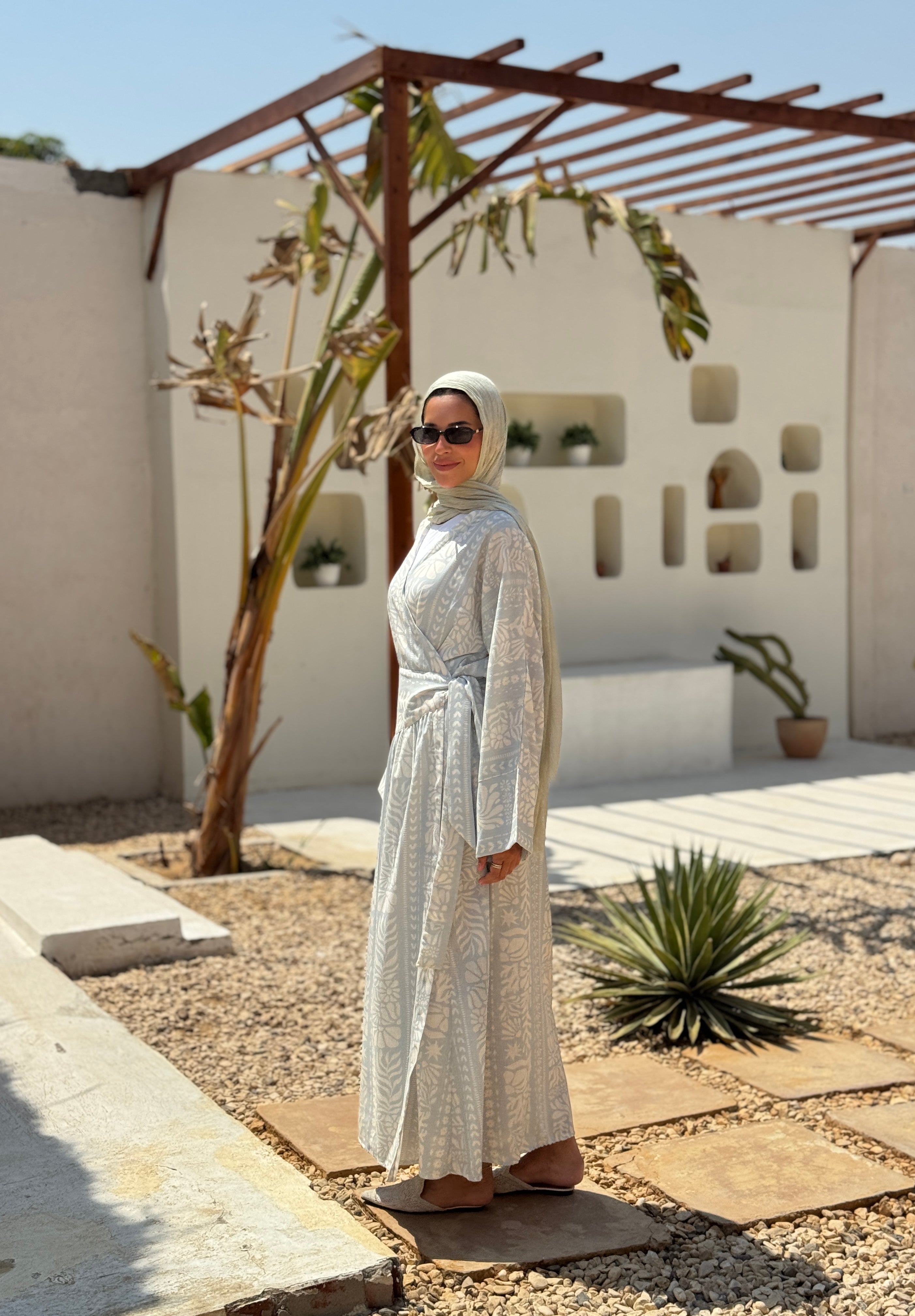 Overlap Printed Linen Dress - light blue