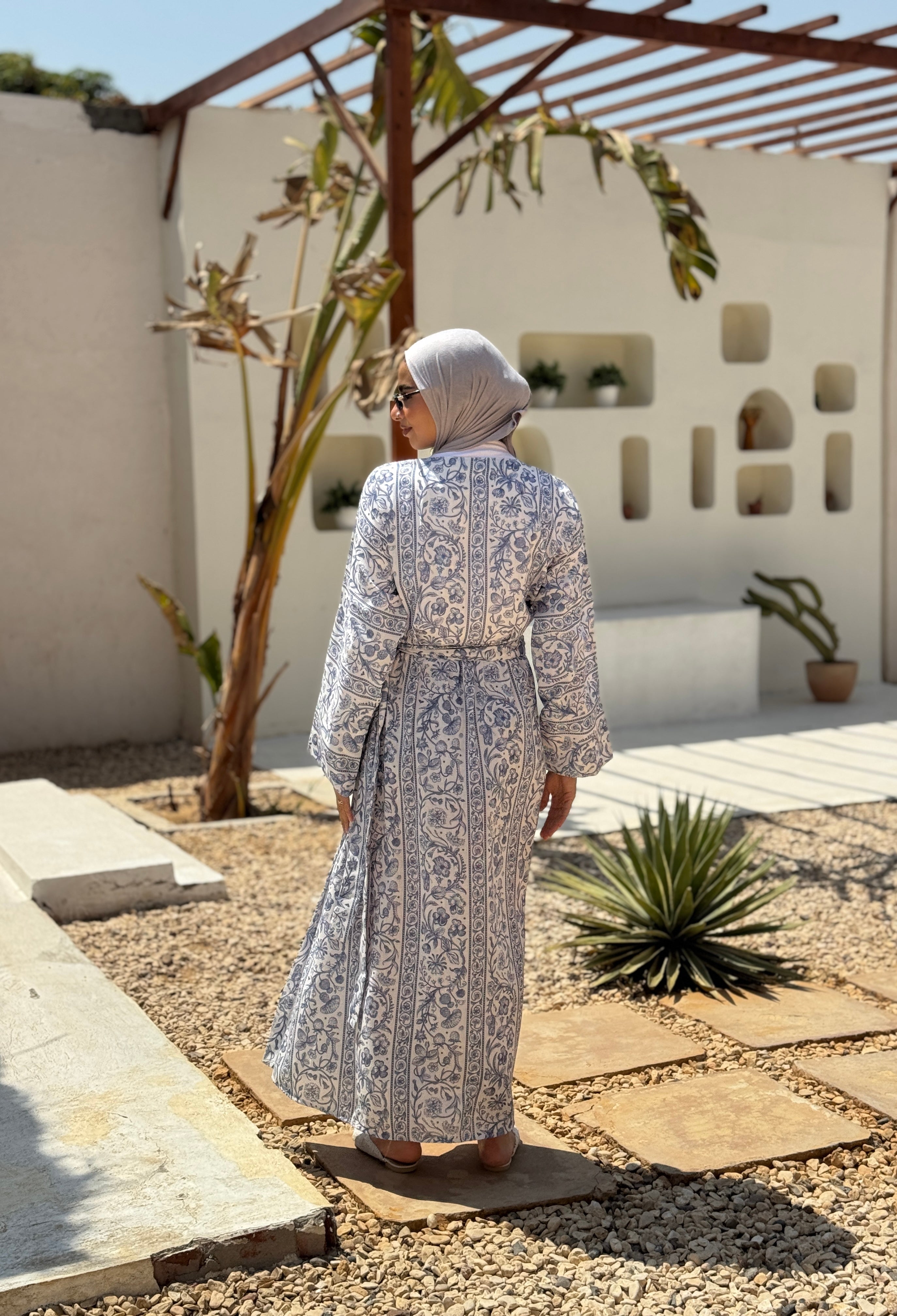 Overlap Printed Linen Dress - white*blue