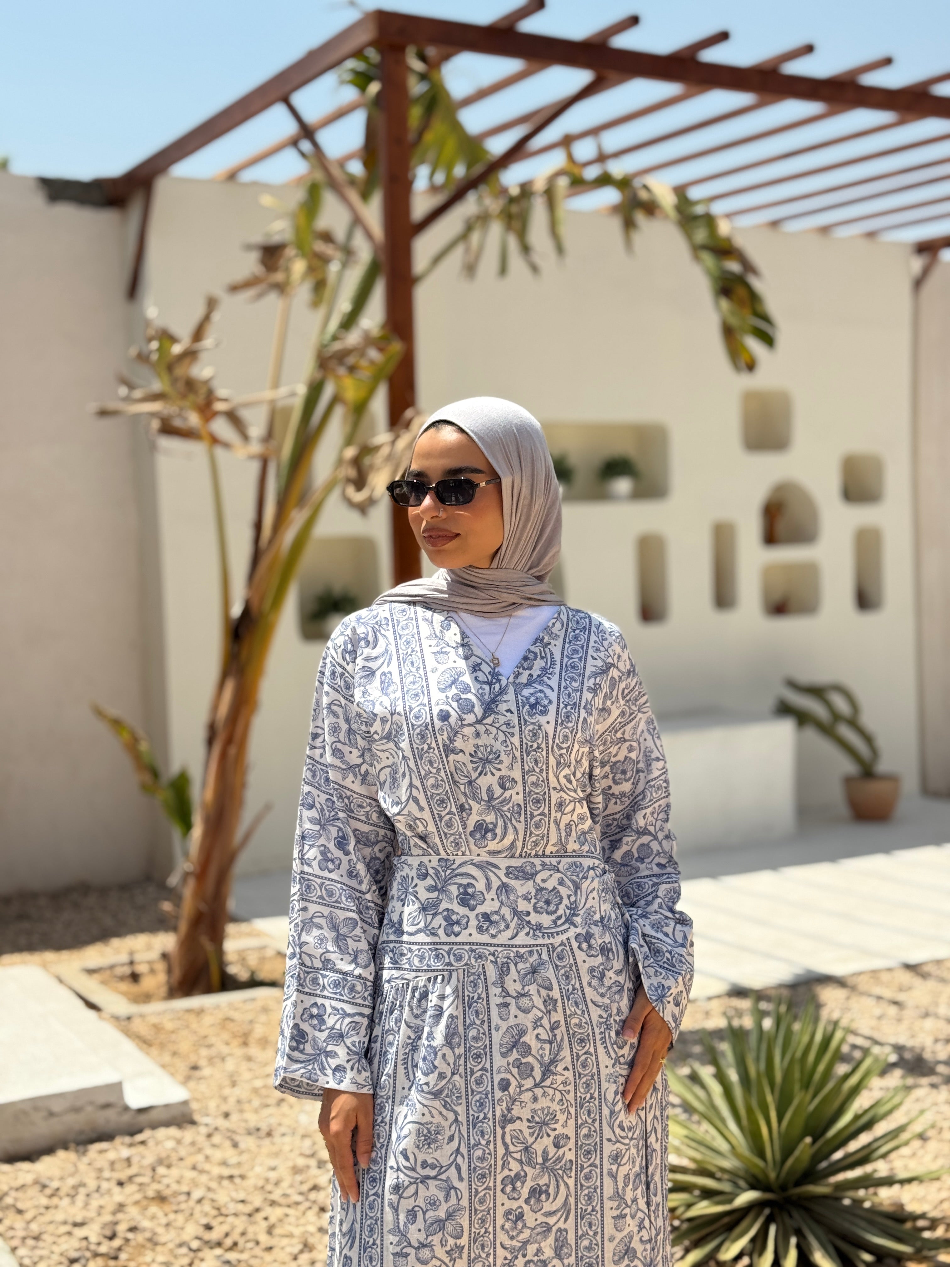 Overlap Printed Linen Dress - white*blue