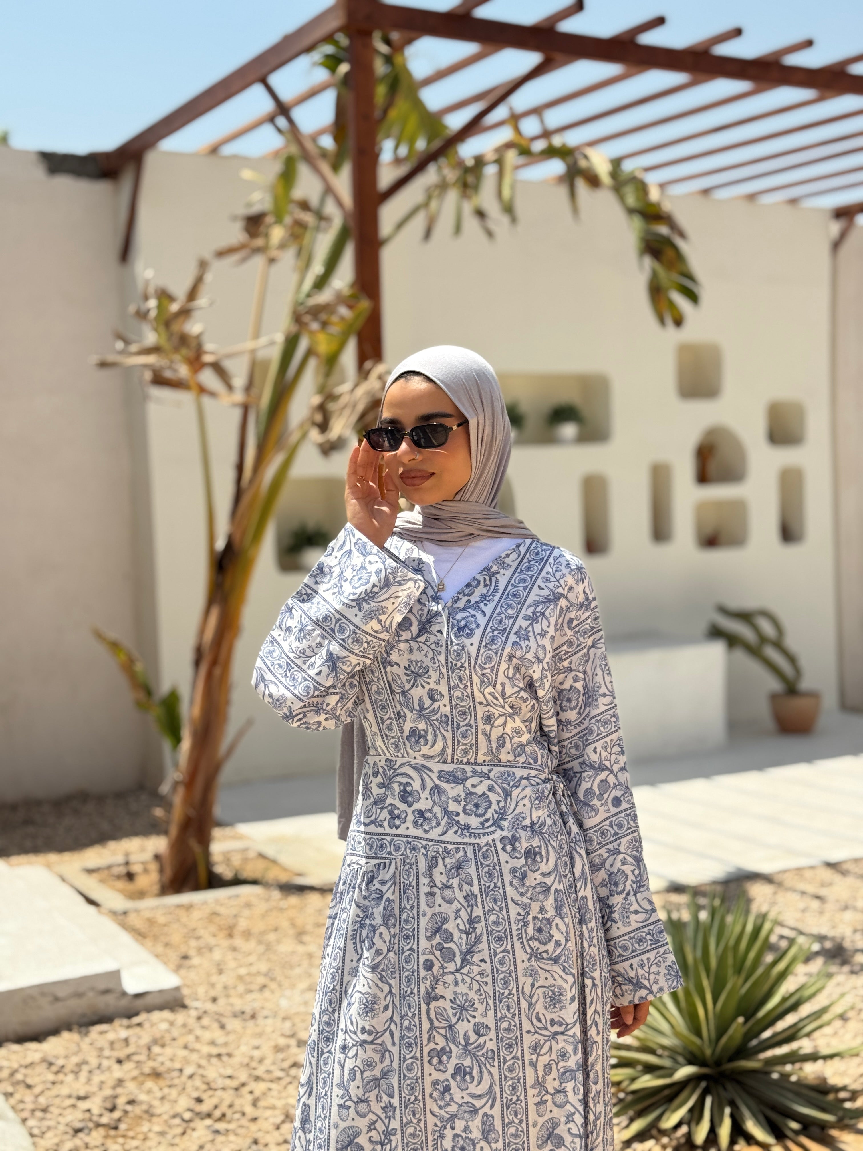 Overlap Printed Linen Dress - white*blue