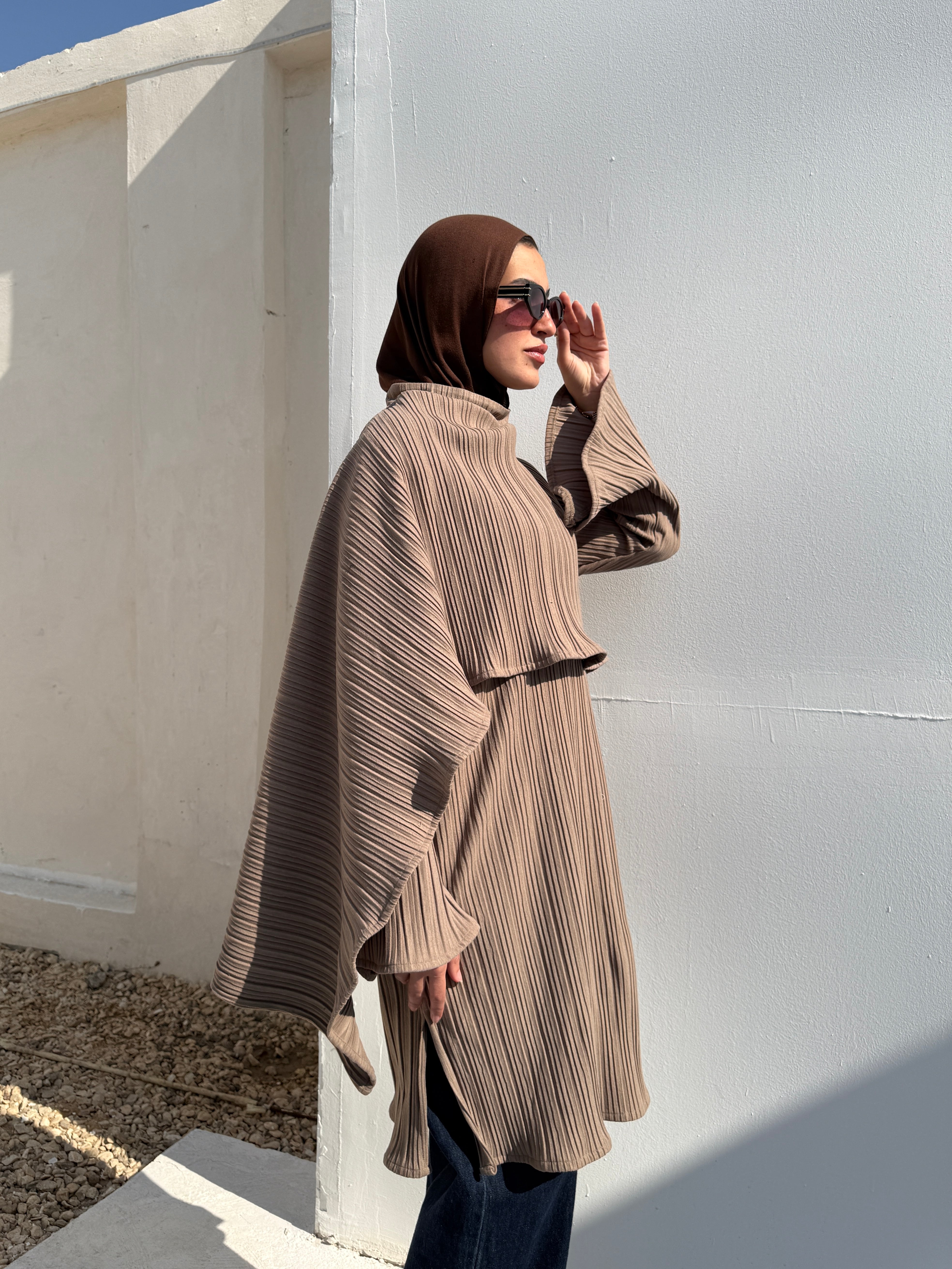 Pleated Blouse With Scarf - Cafe