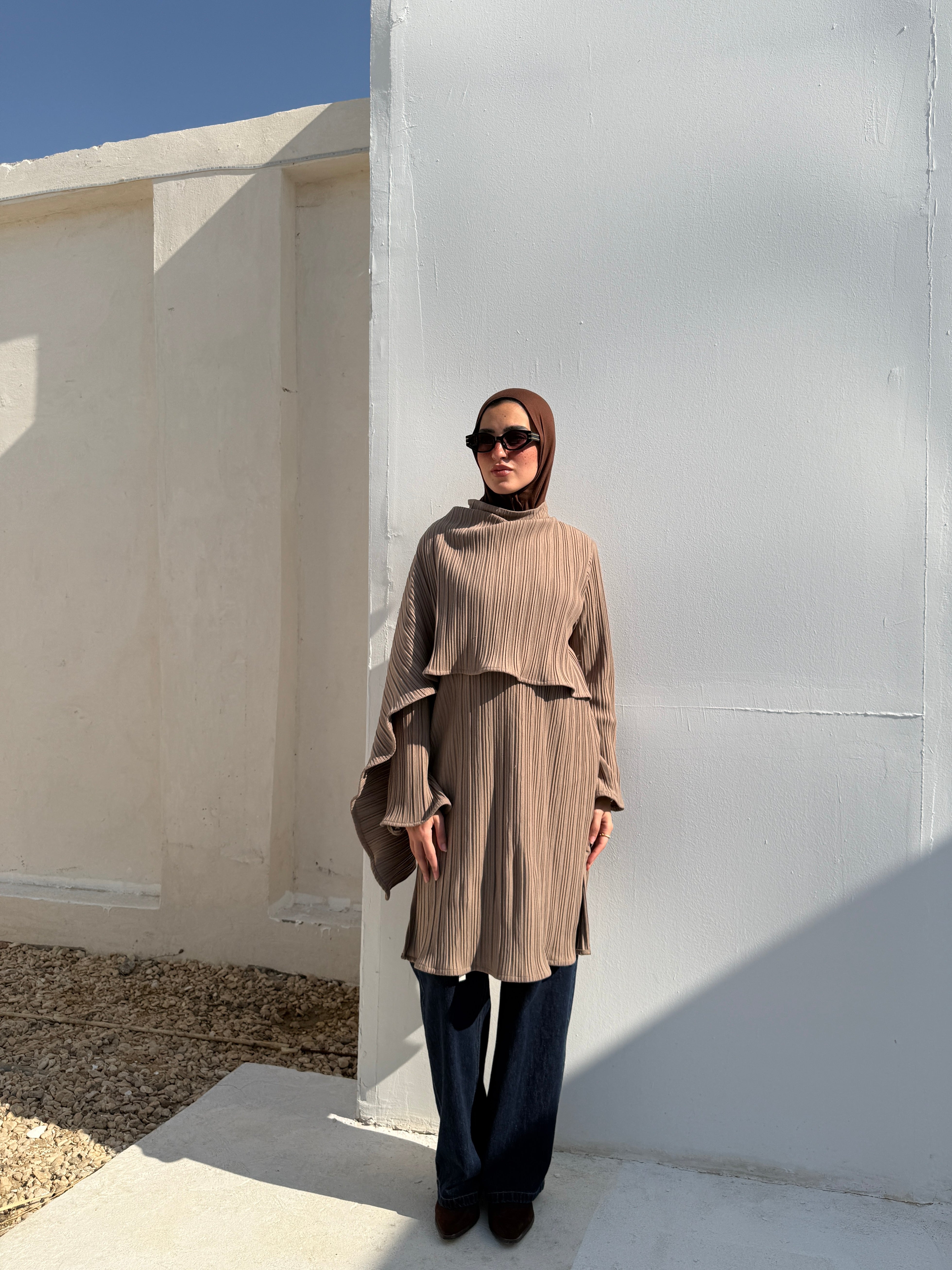 Pleated Blouse With Scarf - Cafe