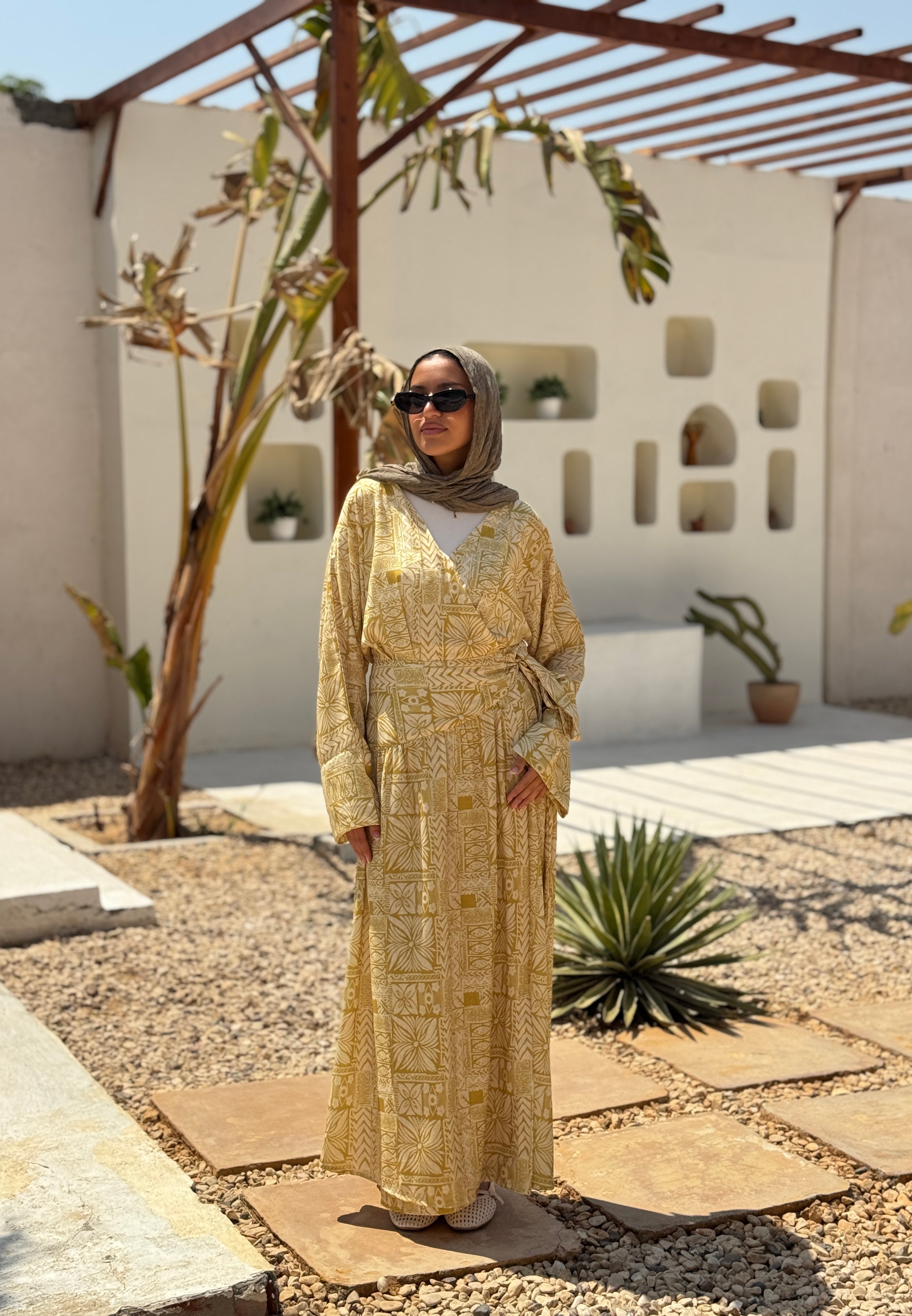 Overlap Printed Linen Dress - lime