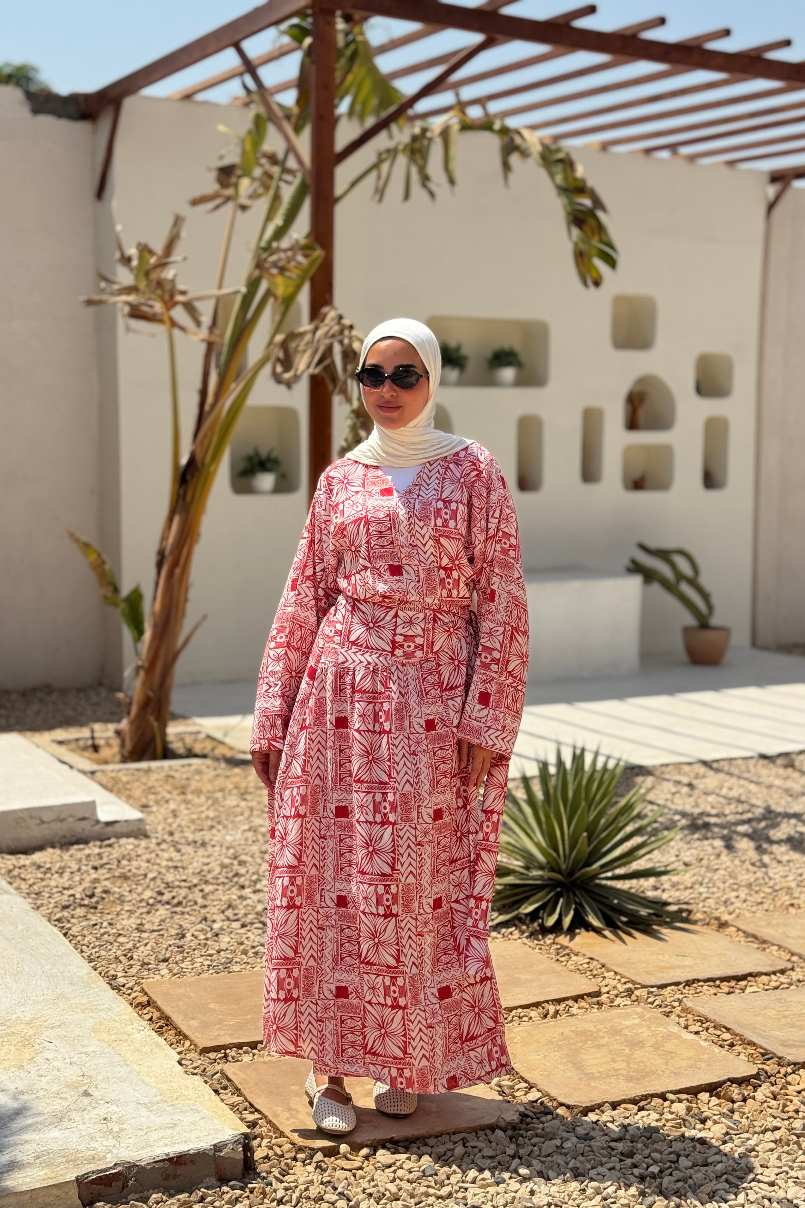 Overlap Printed Linen Dress - red