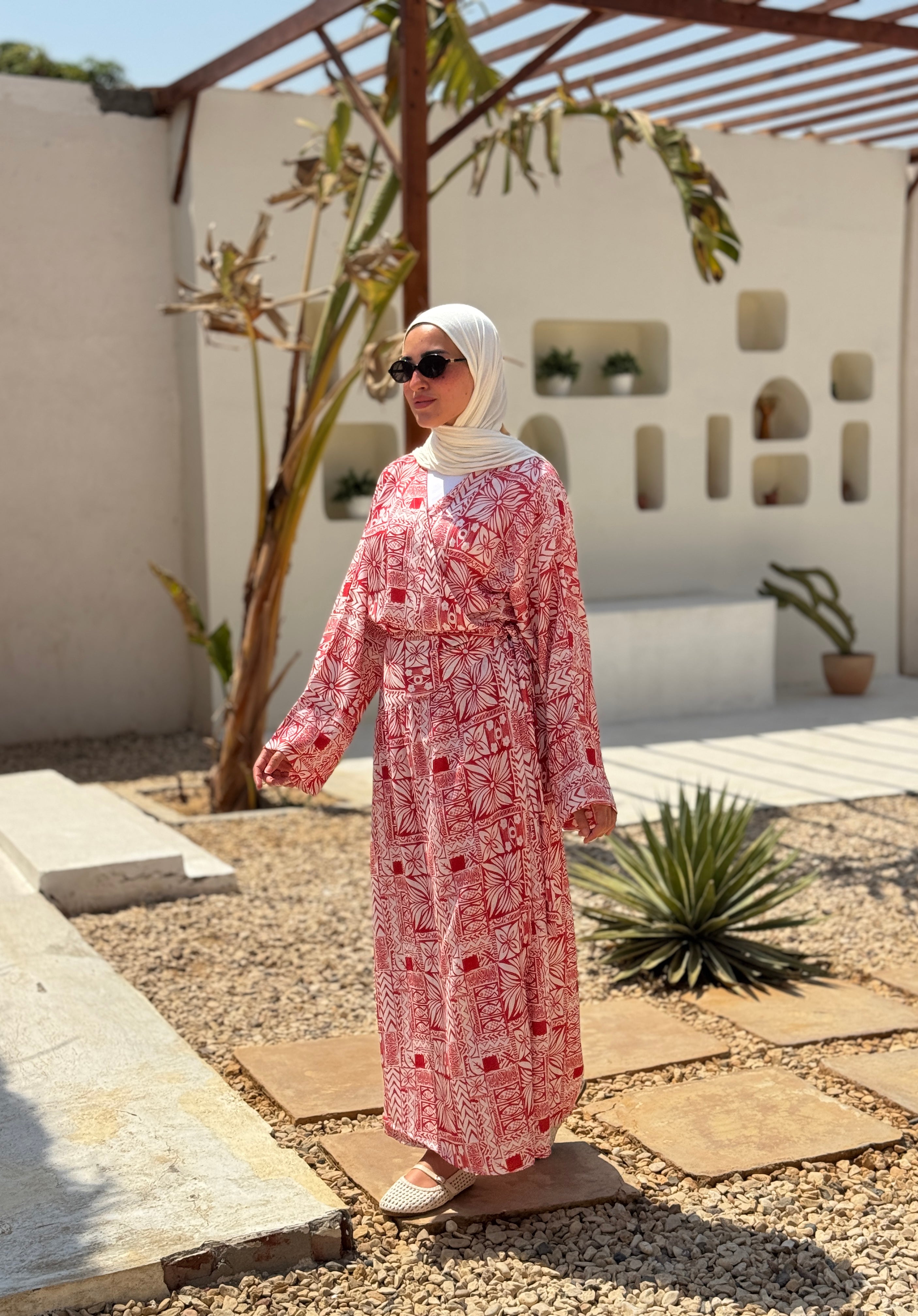 Overlap Printed Linen Dress - red