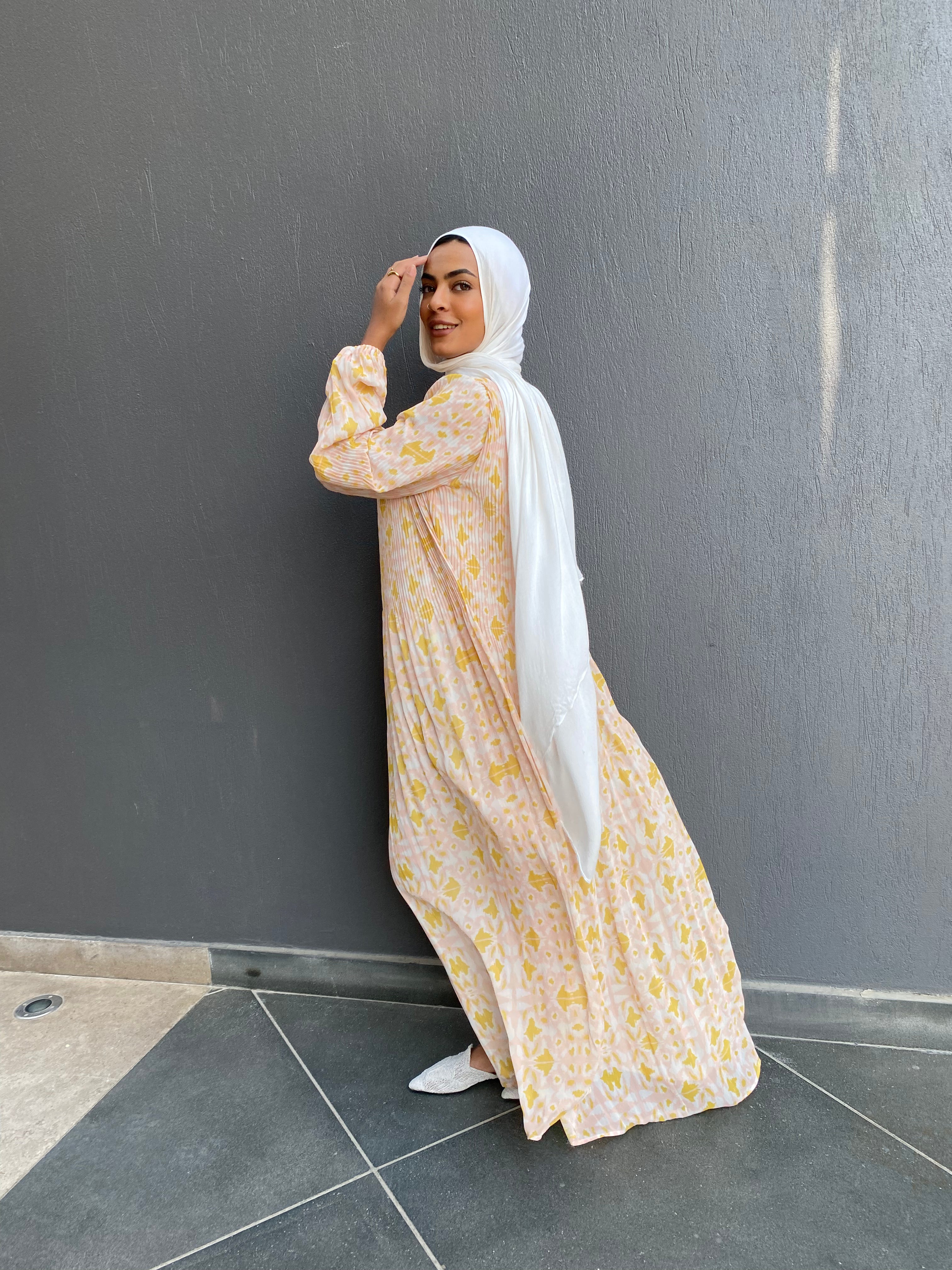 Accordion Printed Dress - Mustard