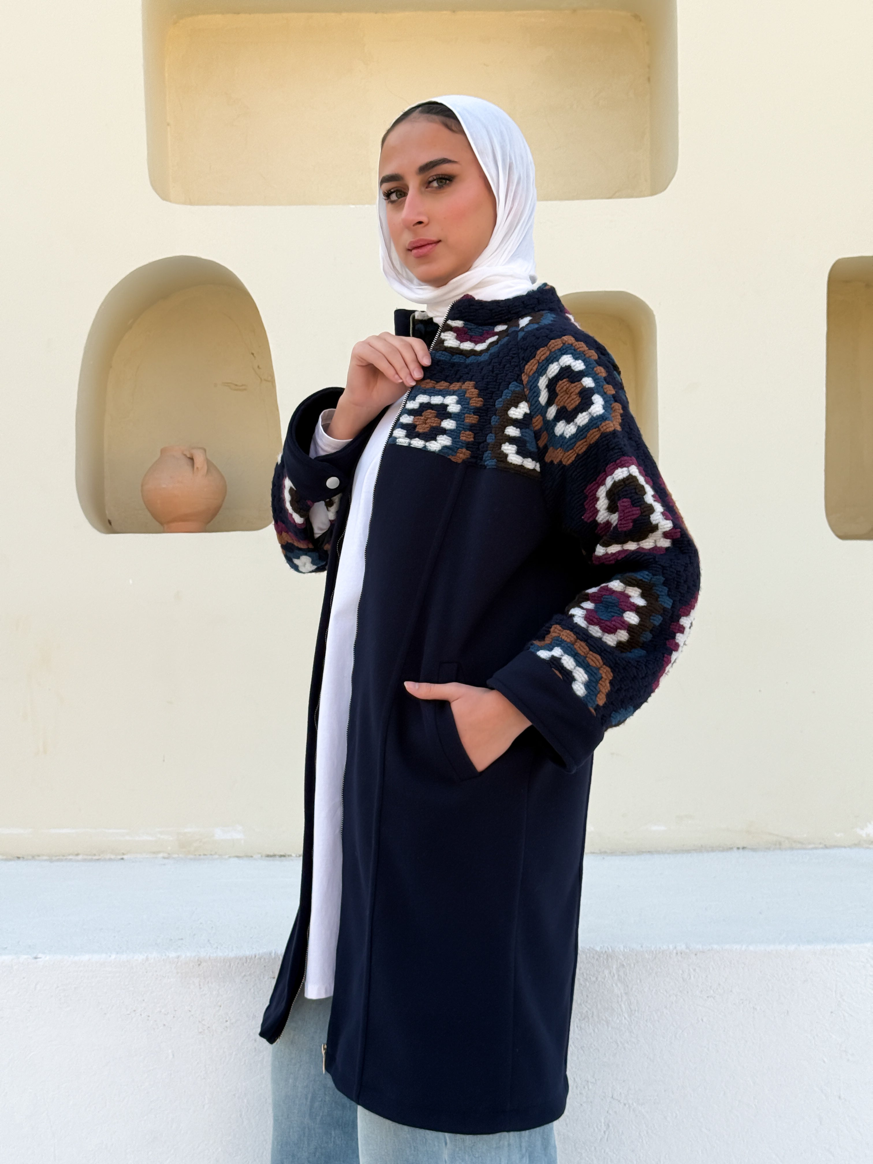 Crochet Panel Jacket - Dark Blue