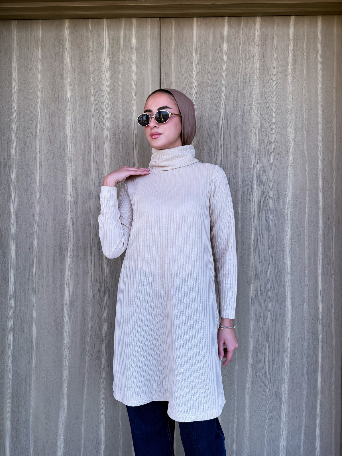 Basic Ribbed Blouse-Beige