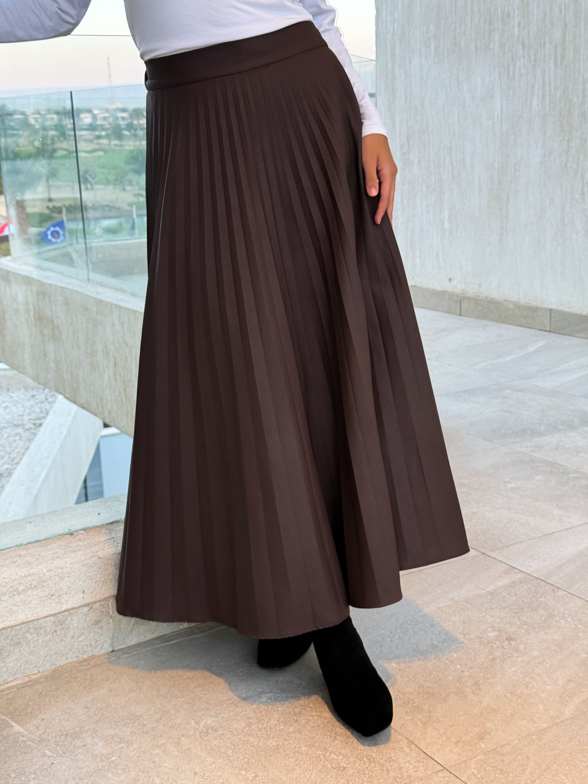 Pleated Leather Skirt -Brown