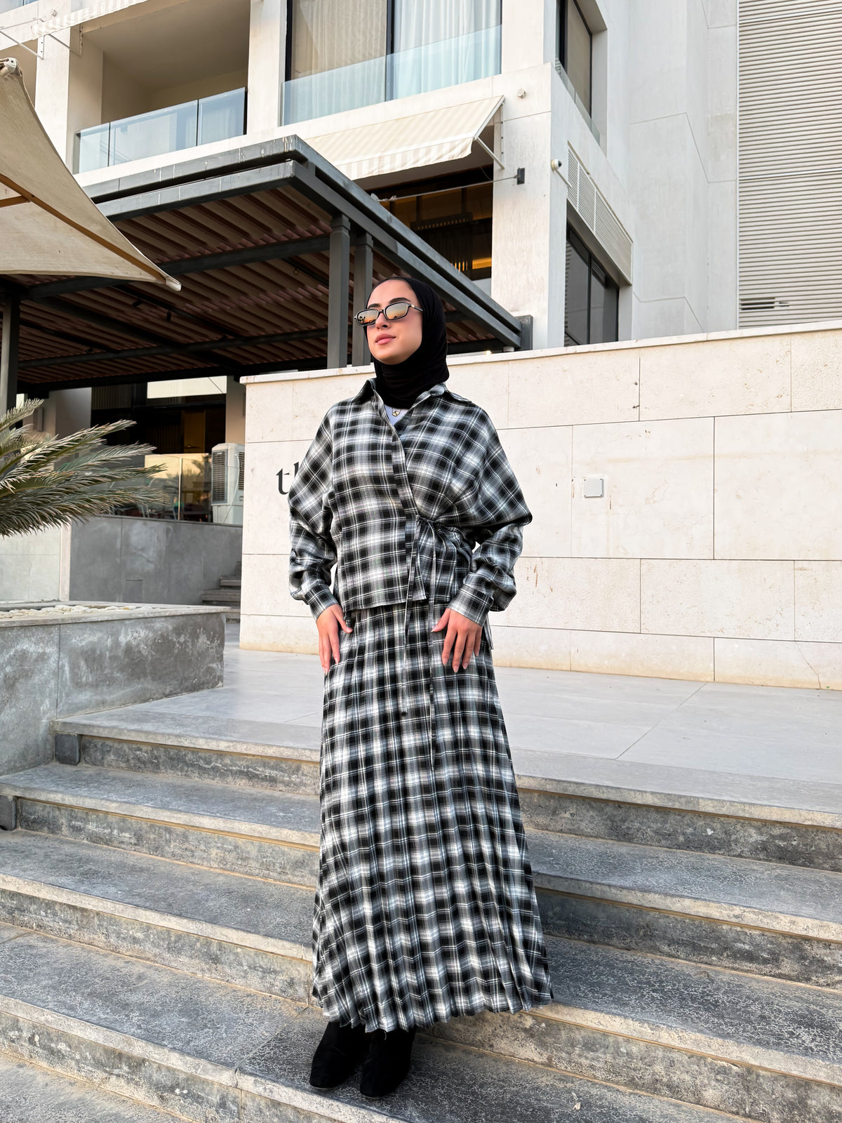 Overlap Checked Blouse - Black