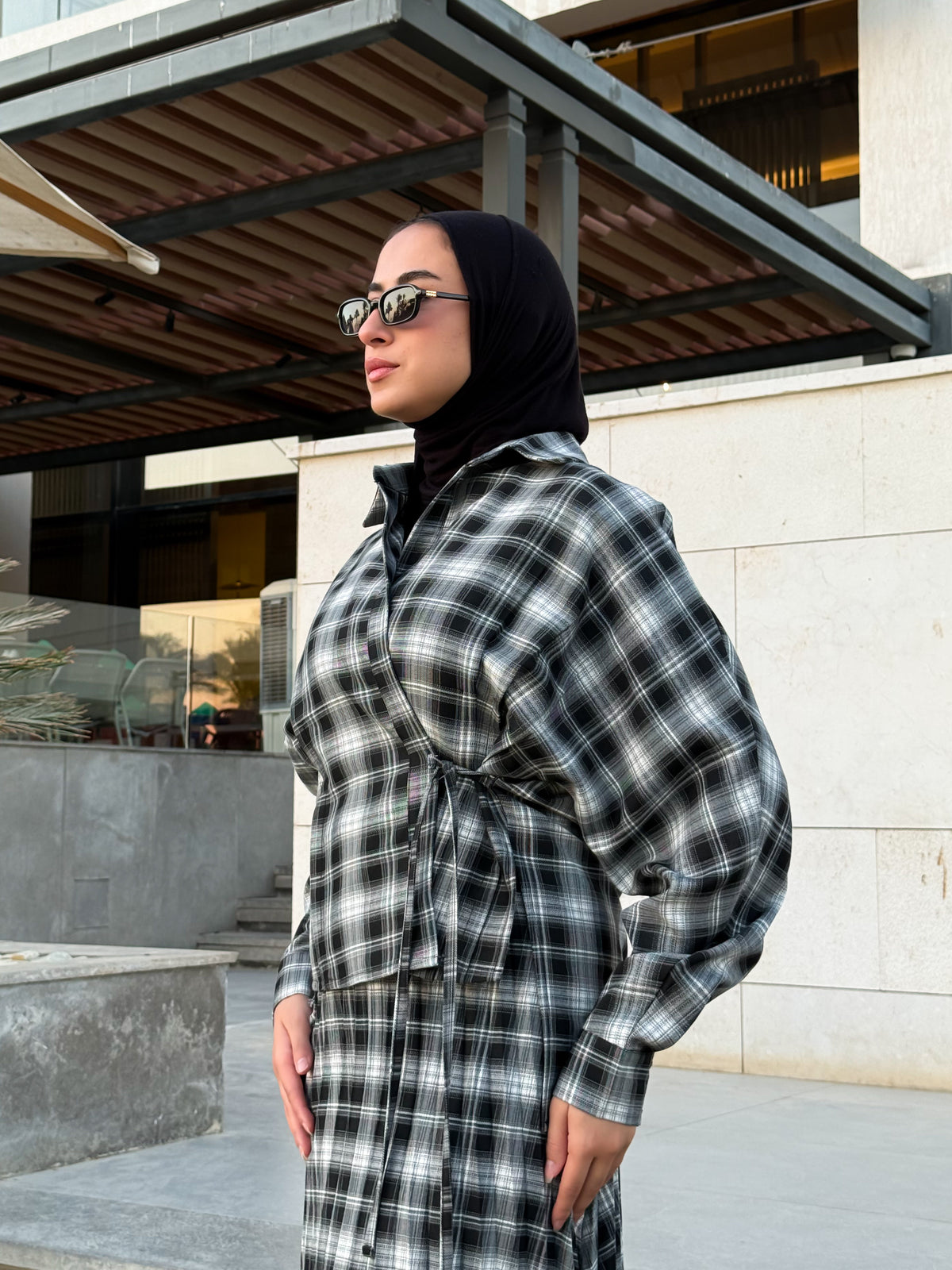 Overlap Checked Blouse - Black