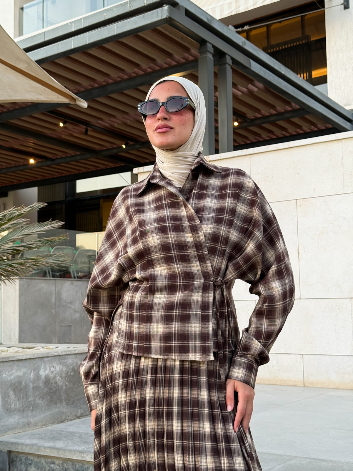 Overlap Checked Blouse - Brown