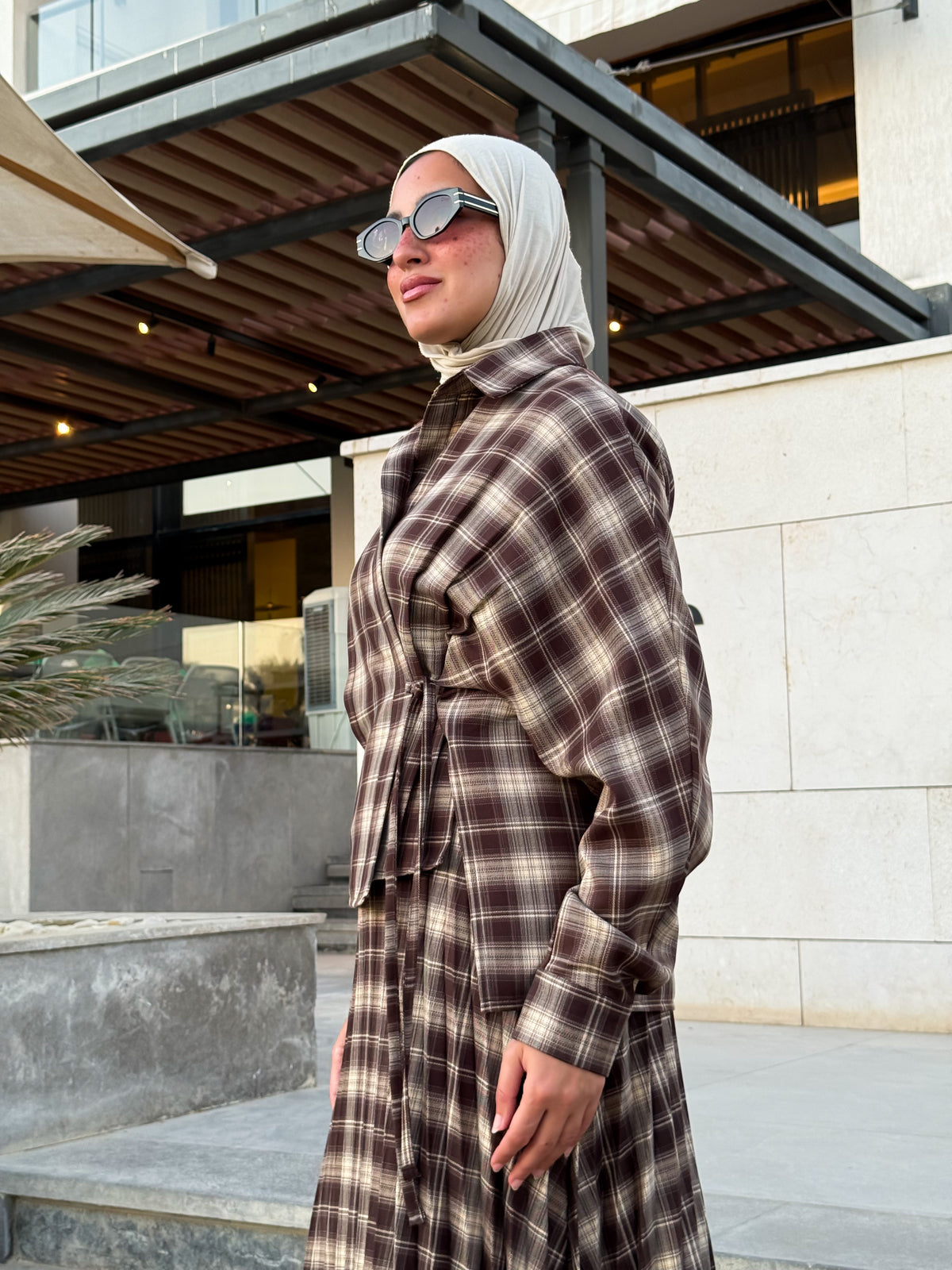 Overlap Checked Blouse - Brown