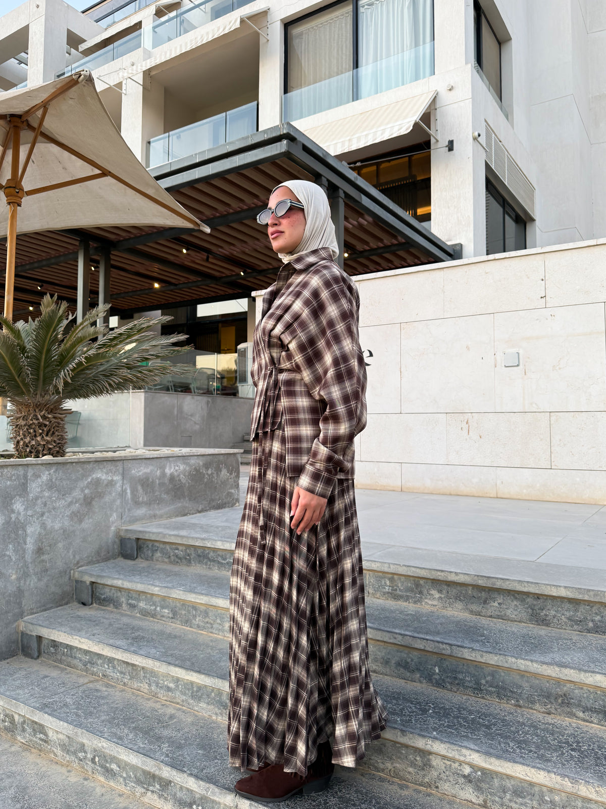 Pleated Checked Skirt - Brown