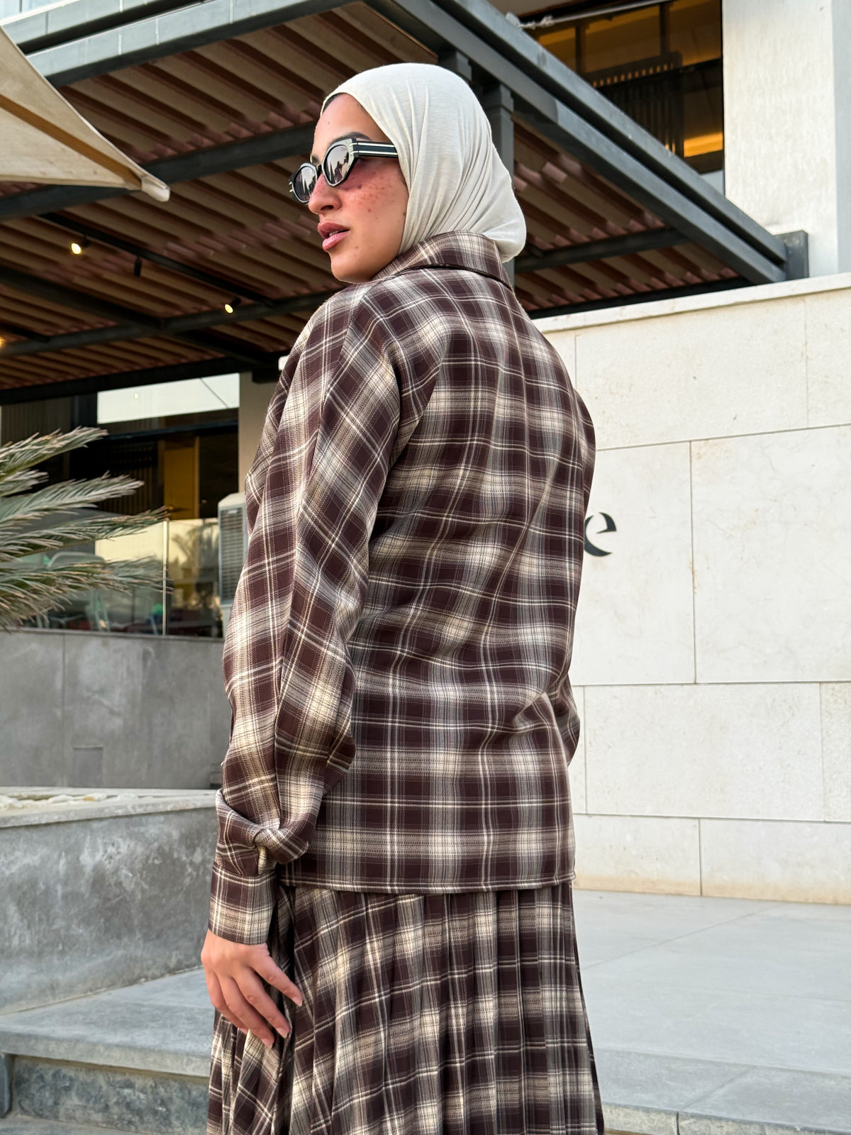 Overlap Checked Blouse - Brown
