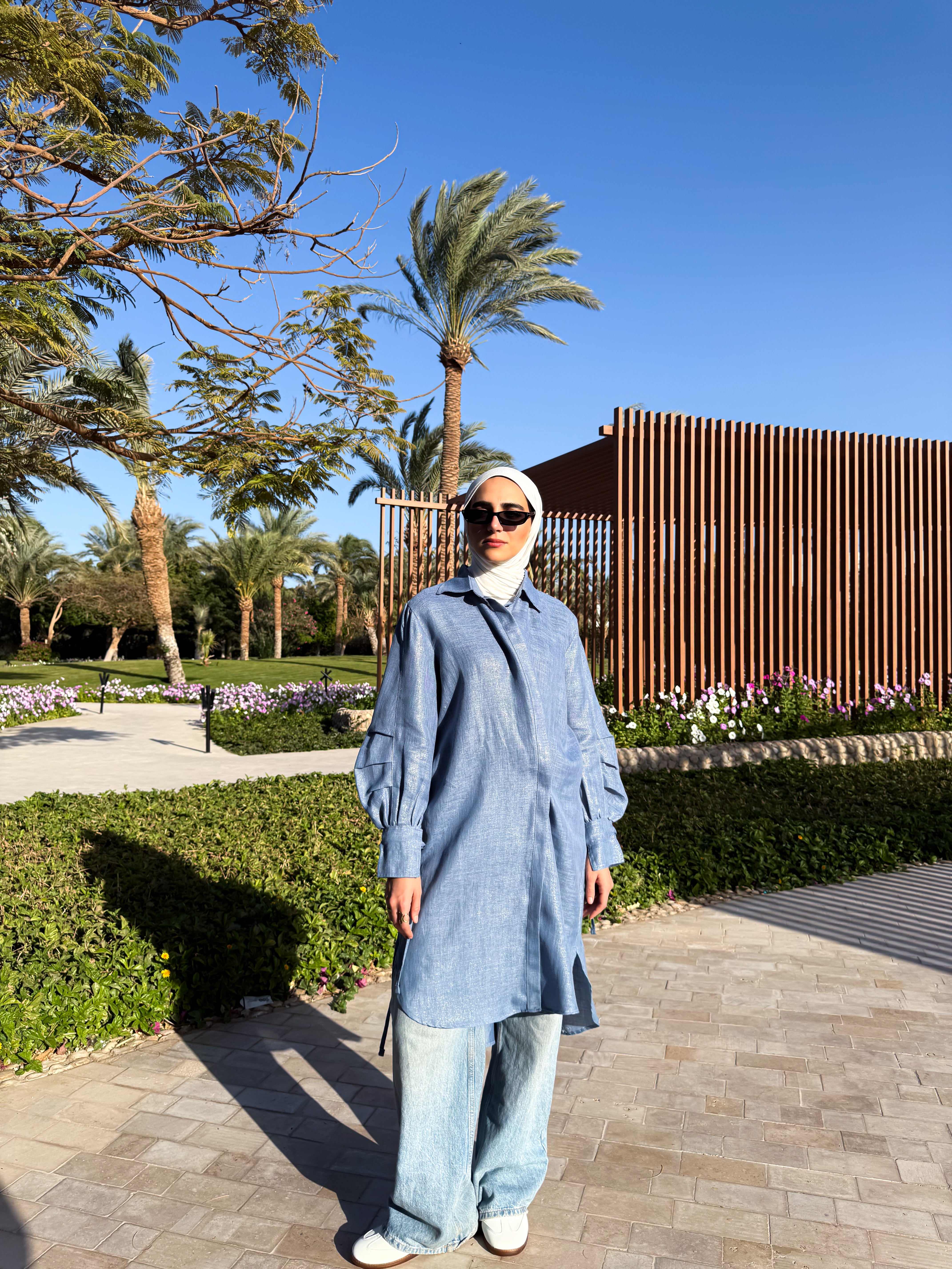 Pleated Sleeves Shirt-Blue