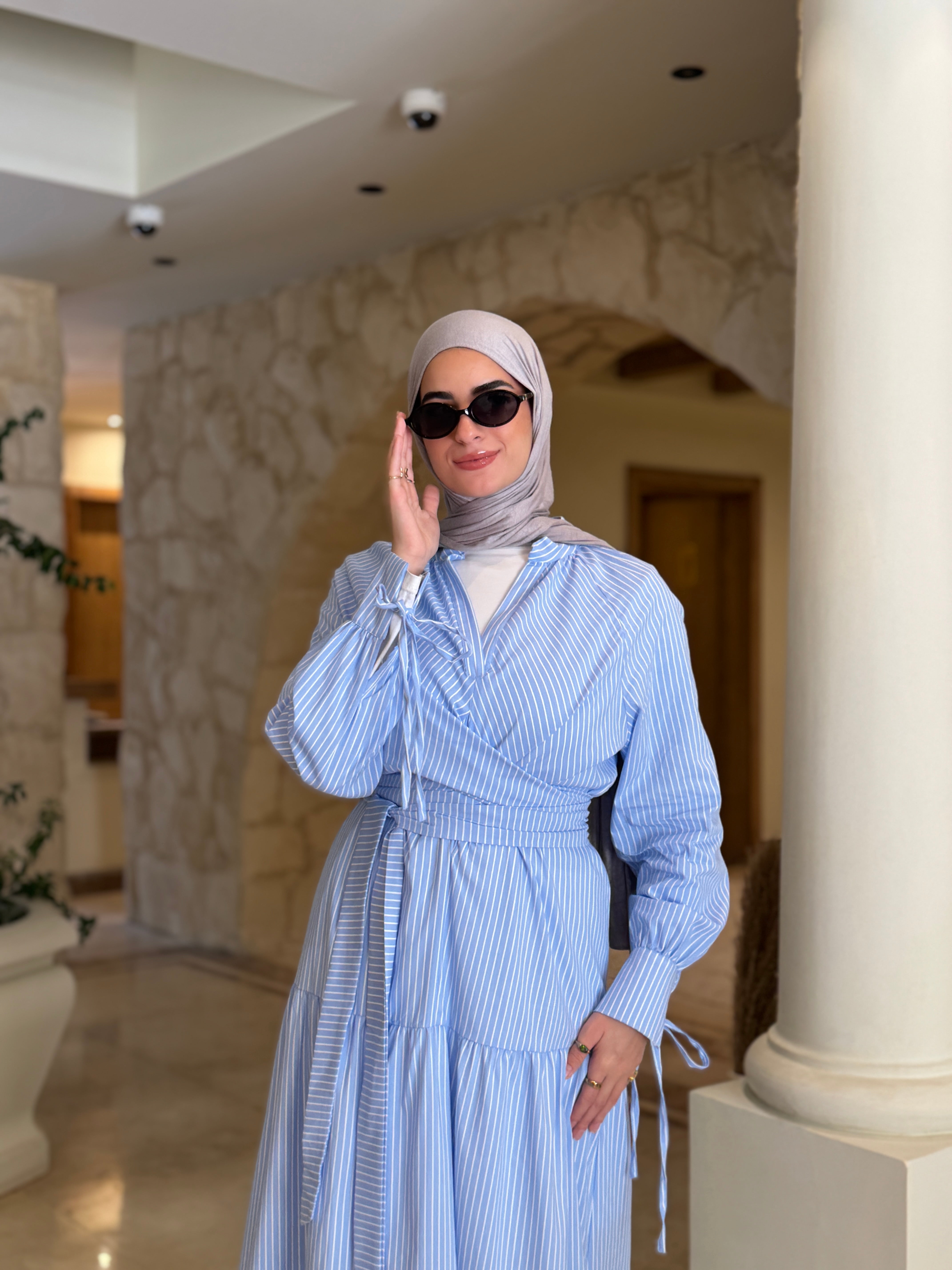 Striped Wrap Dress - baby blue