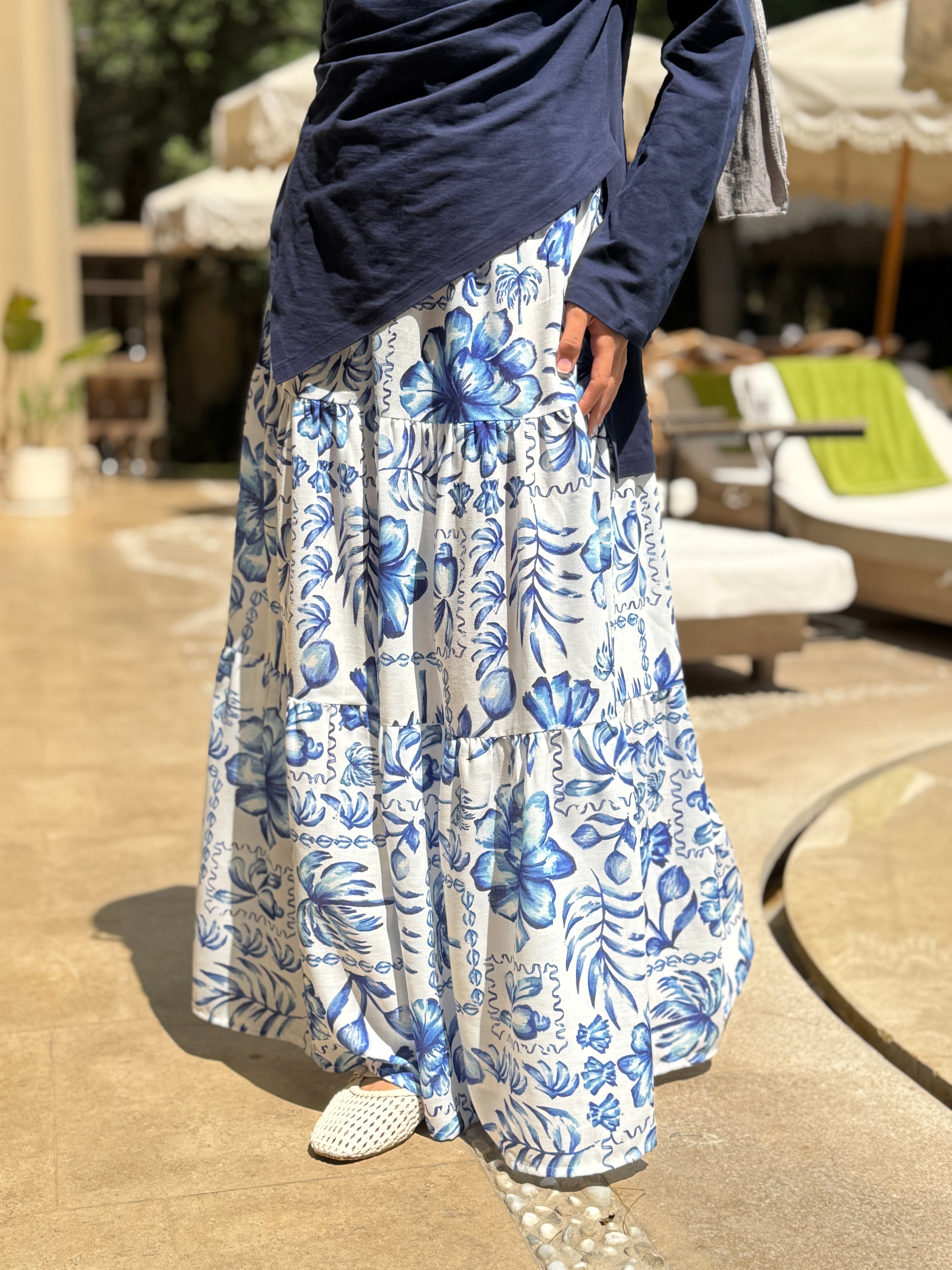 Printed Tiered Skirt - white*blue