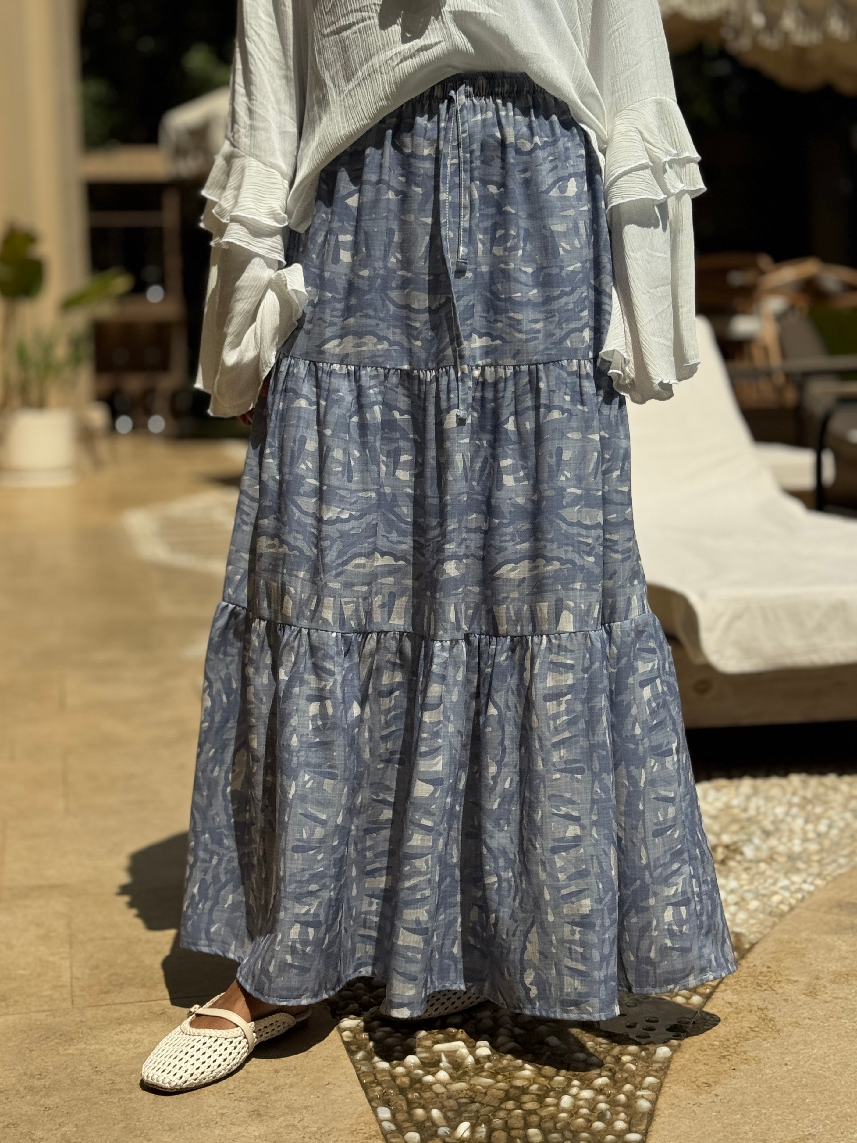 Printed Tiered Skirt - blue
