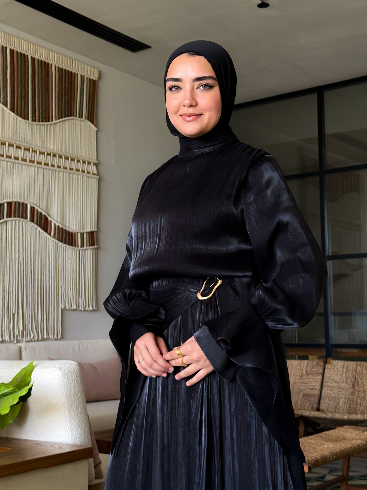 Side Buckle Organza Dress-Black