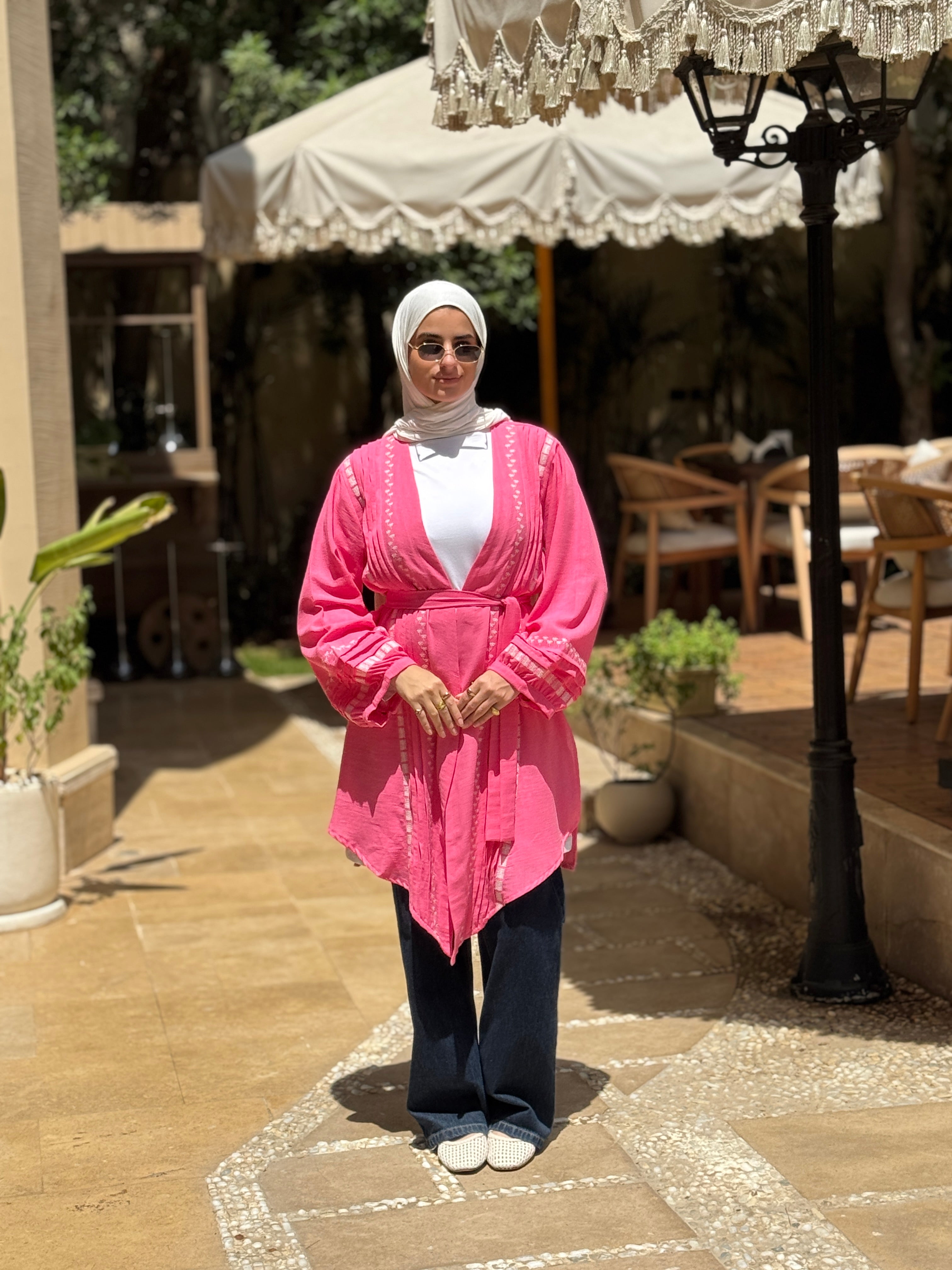 Palms Embroidery Cardigan - pink