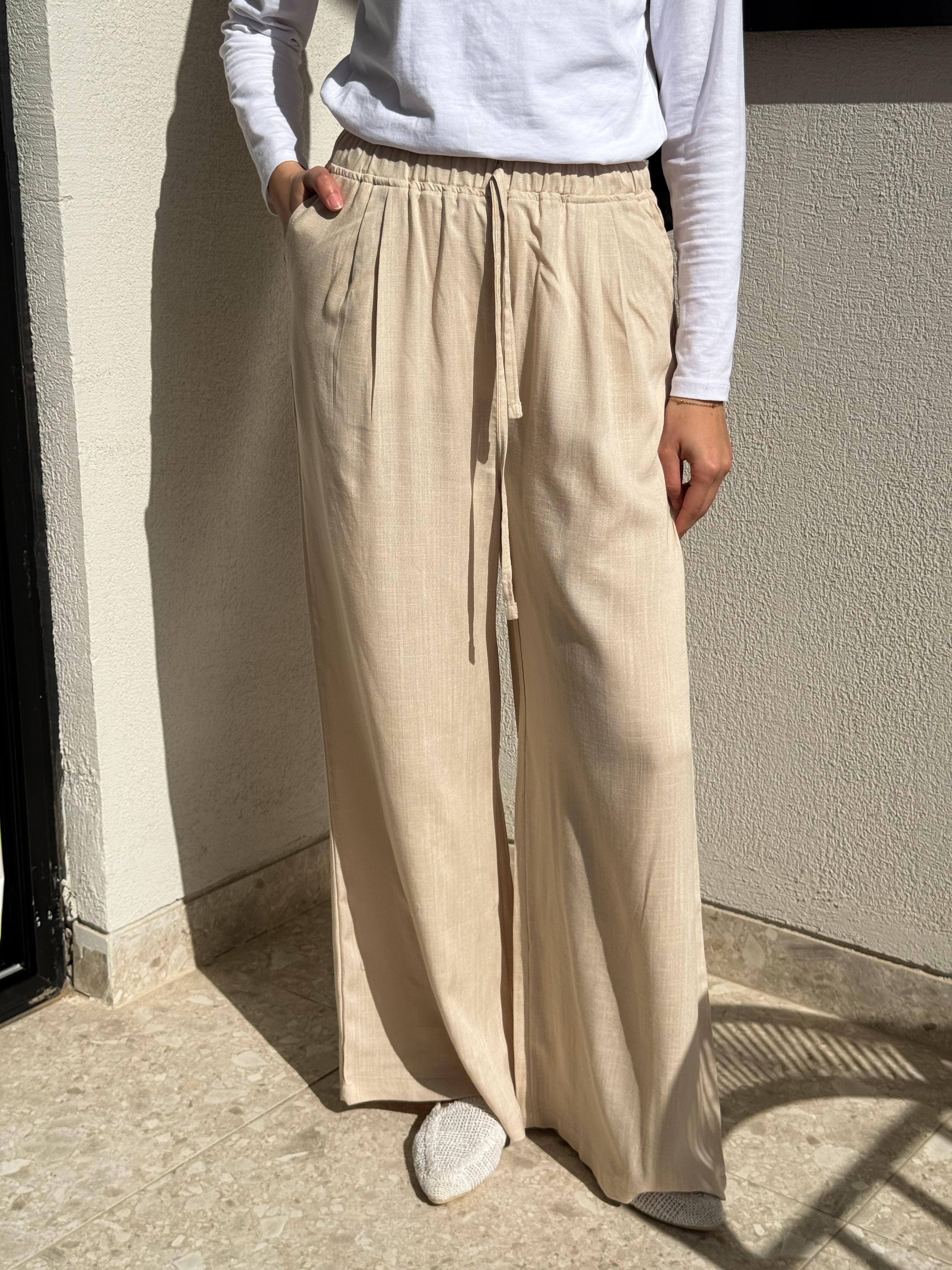Linen Drawstring Pants-Beige