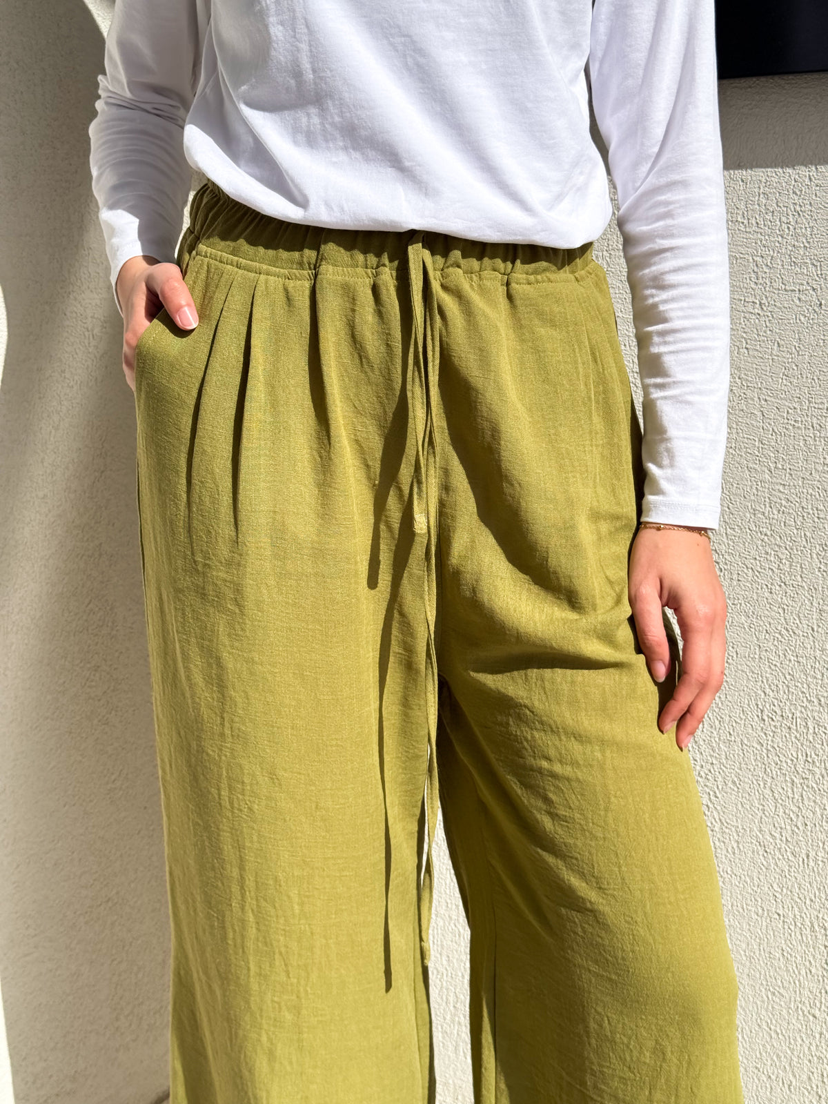 Linen Drawstring Pants-Lime
