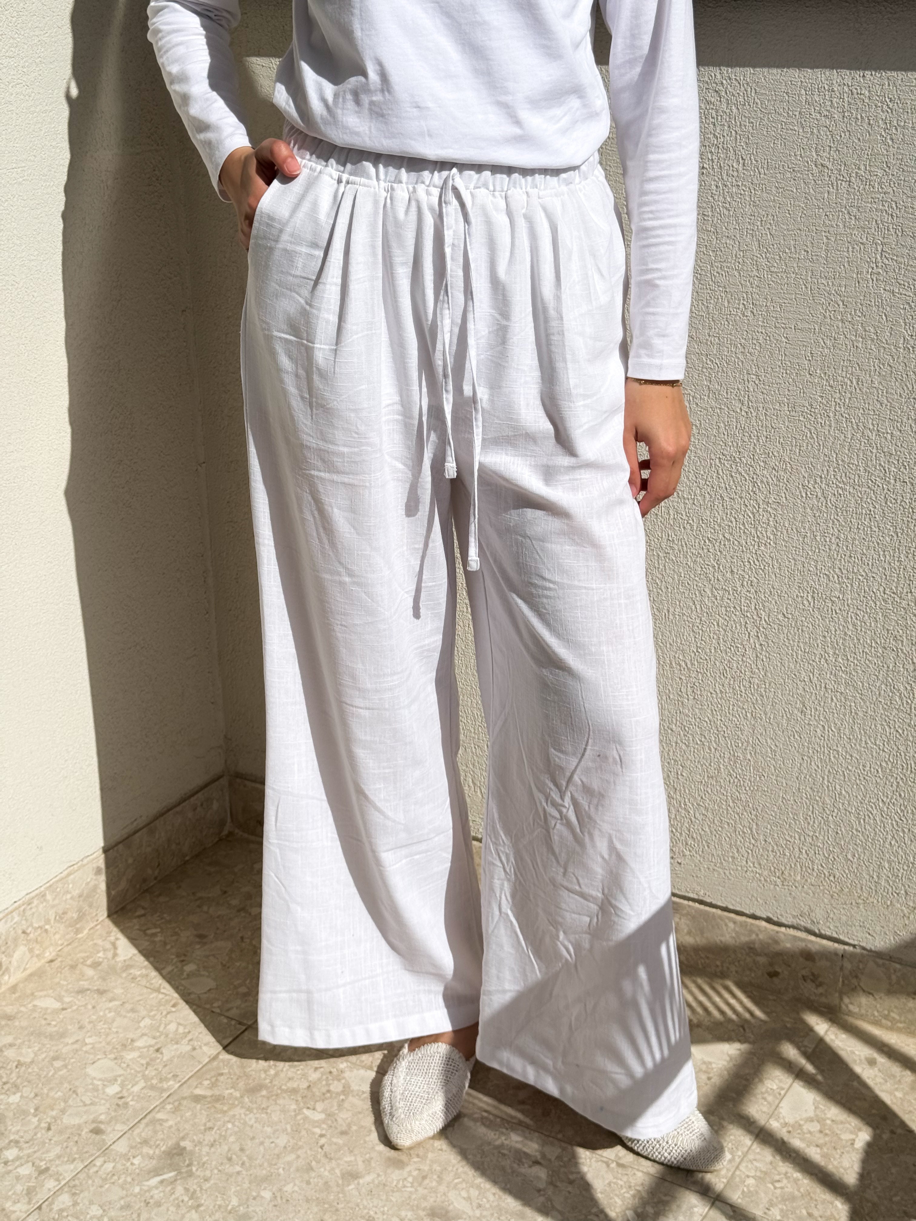 Linen Drawstring Pants-White