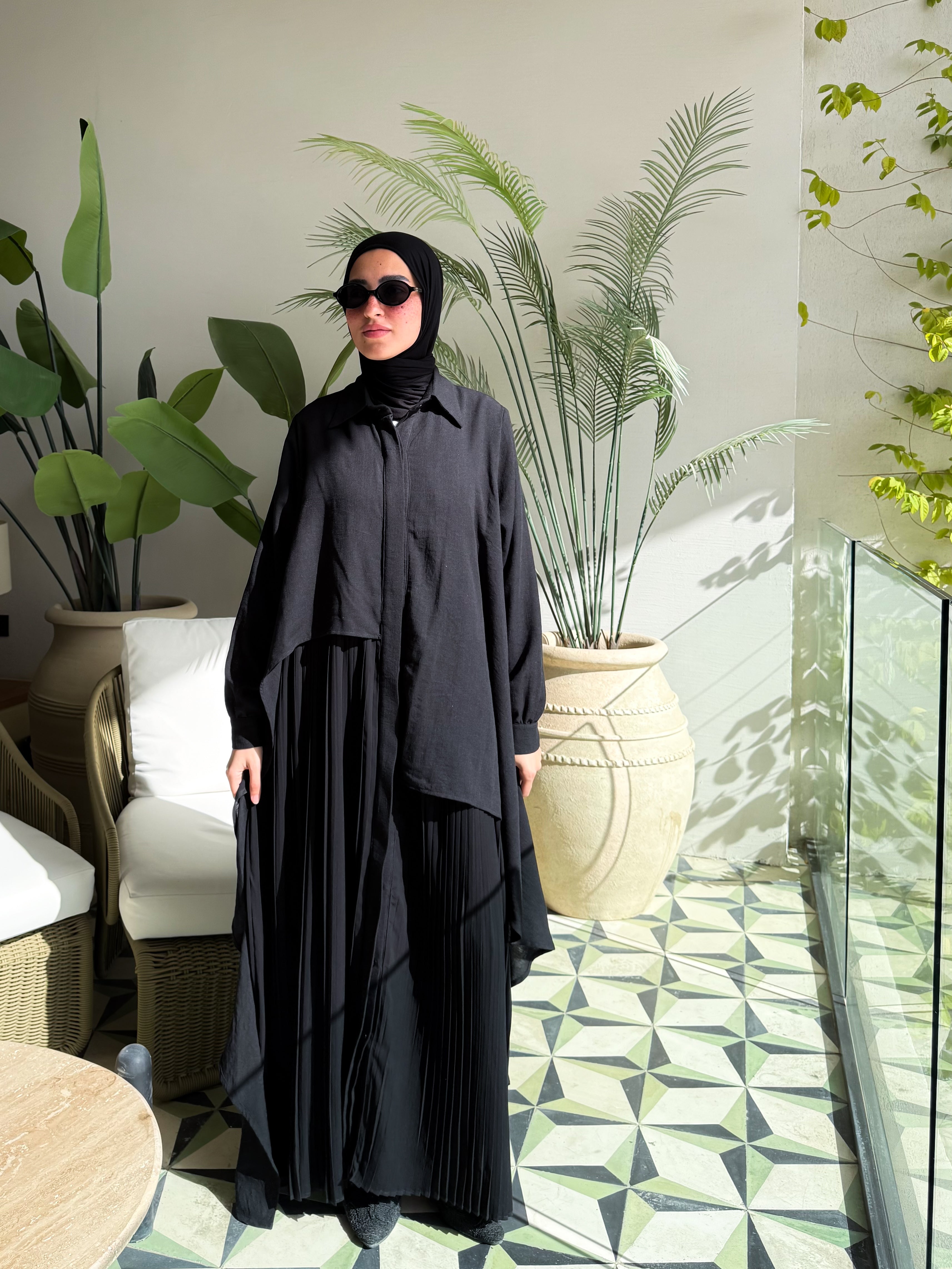Linen Dress With Pleats-Black