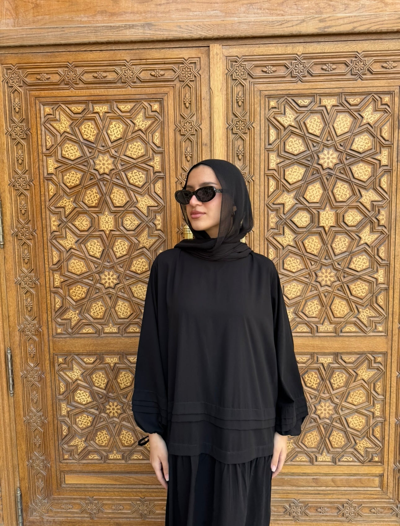 Pleated Sleeves Abaya-Black