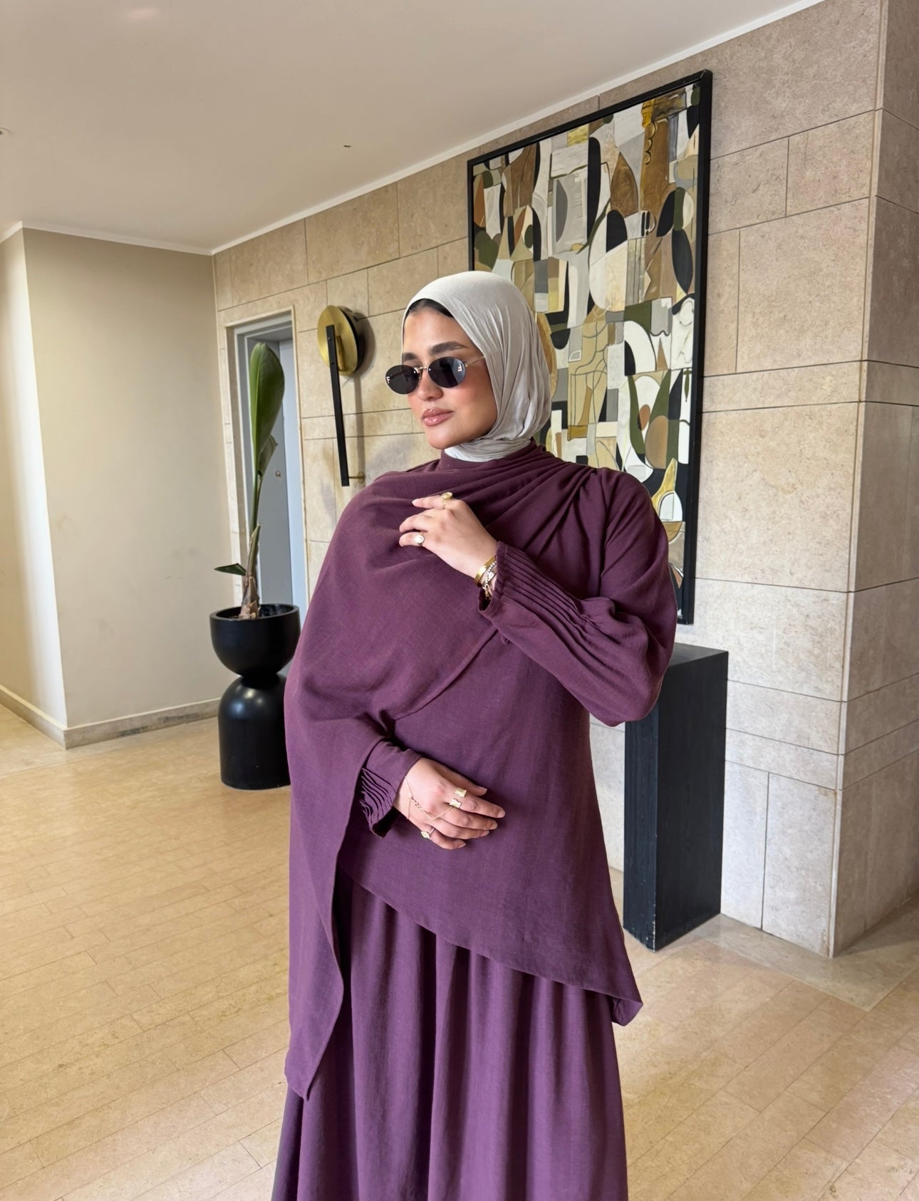 Linen With Scarf Dress -Maroon