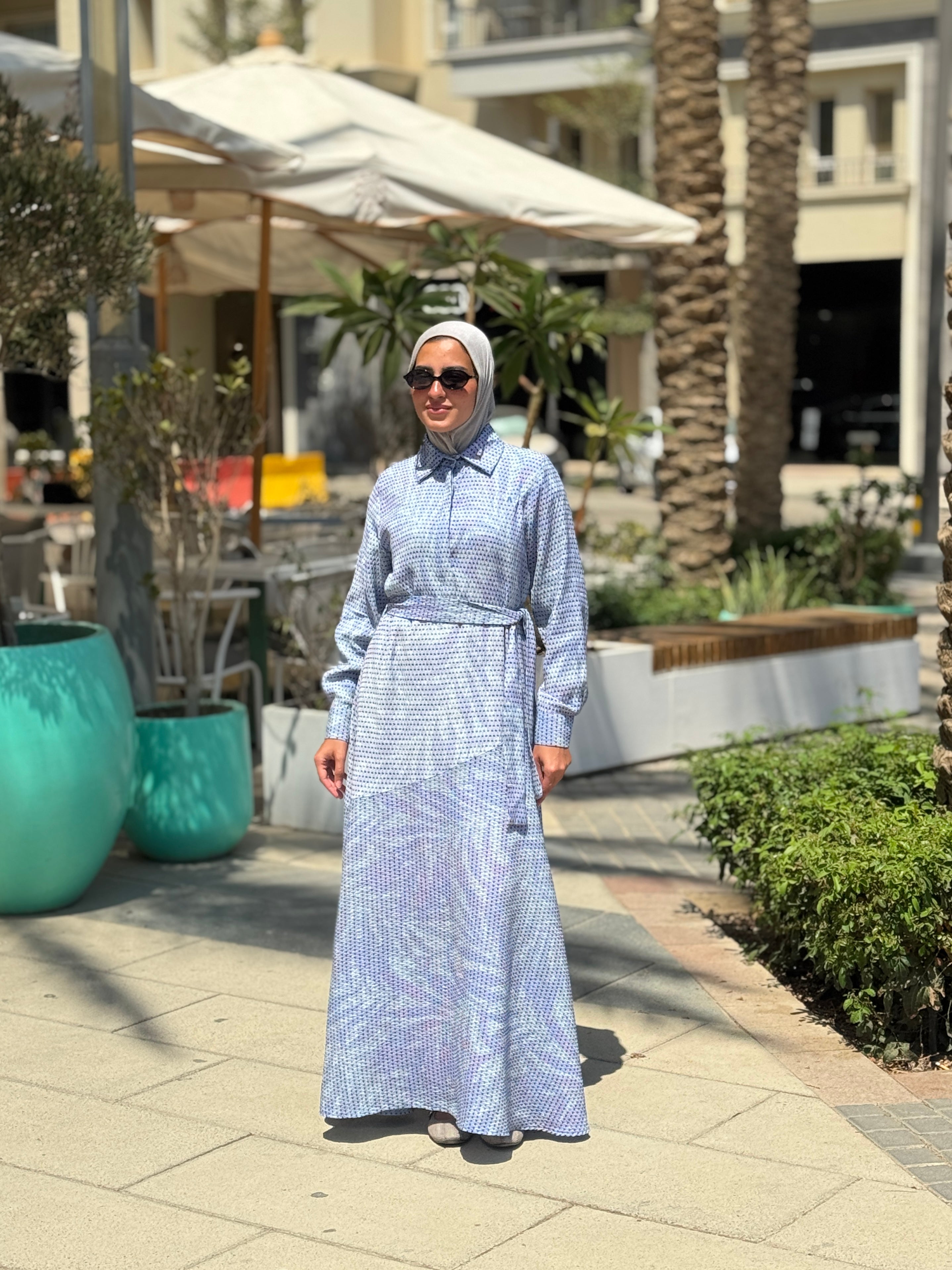 Textured Printed Dress- Blue