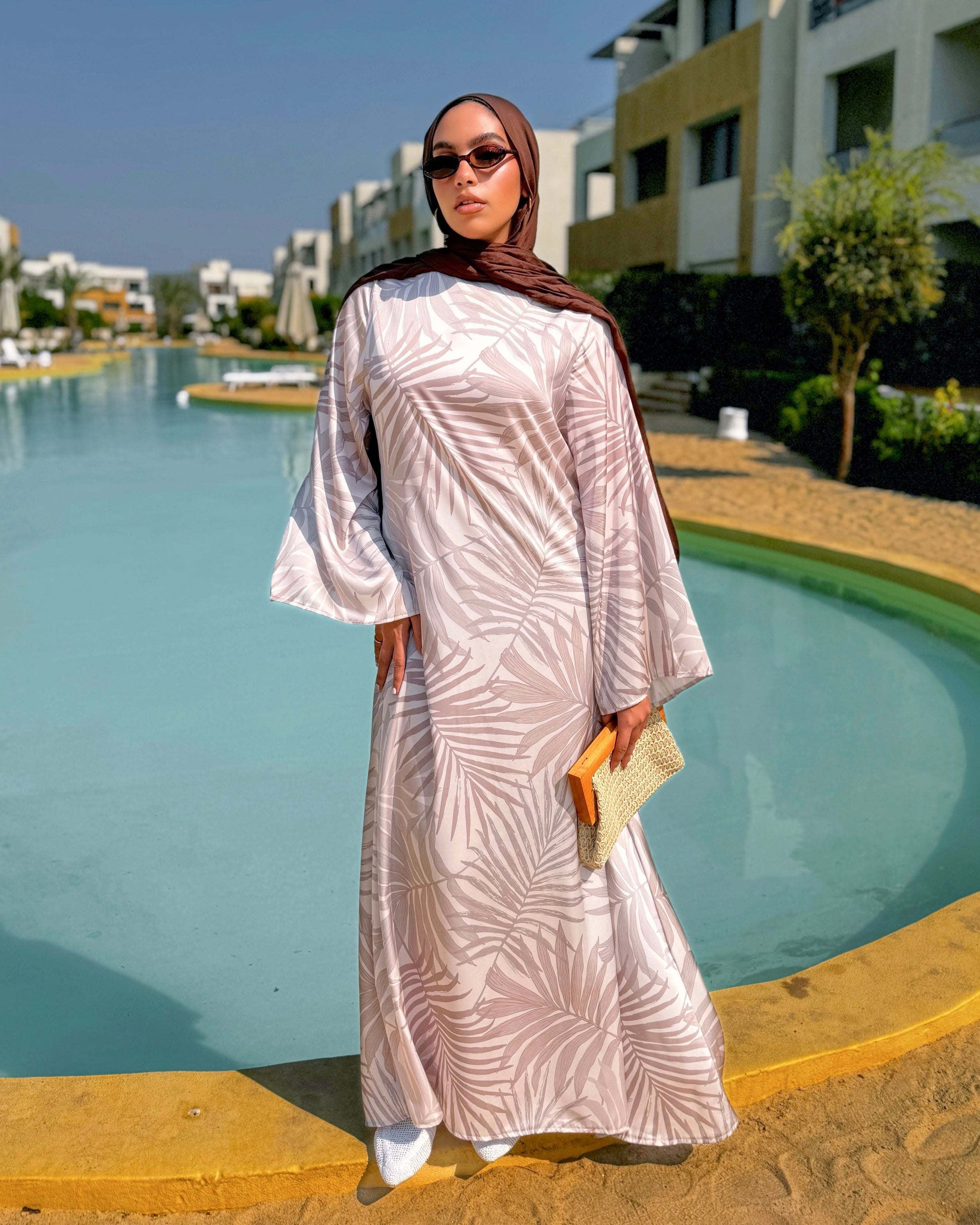 Printed Satin Dress - Beige